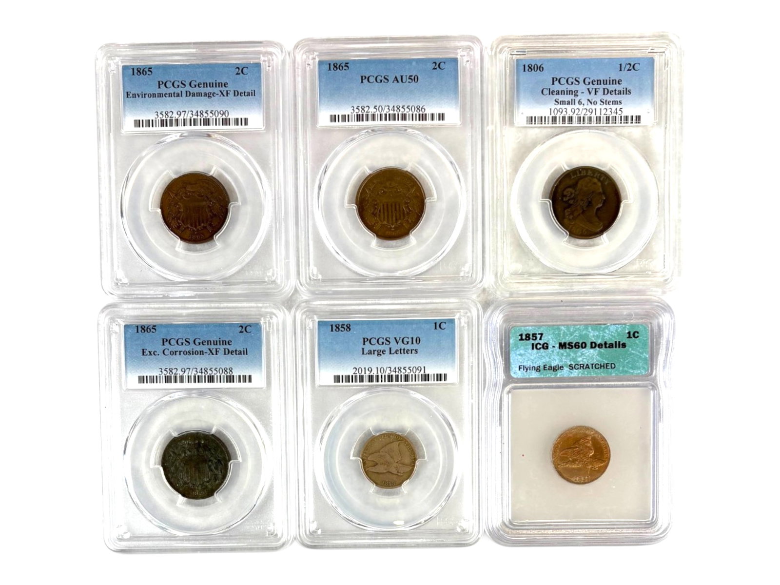 (6) Graded Early Copper Coins: 6 Graded Early Copper Coins including 1806 1/2C PCGS VF Details Cleaning, 1865 2C PCGS AU50, 1865 2C PCGS XF Detail Env. Dam., and 1865 2C XF Detail Corrosion, 1858 1C PCGS VG10, and 1857 1C ICG MS60
