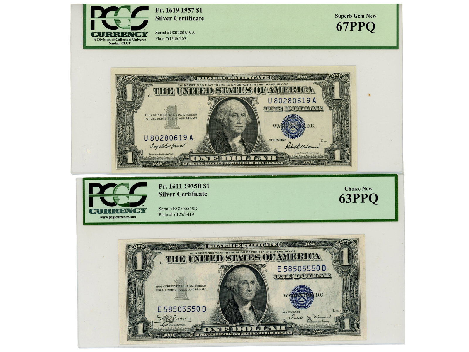 (2) PCGS Graded $1 Silver Certificates: Group of (2) PCGS Currency graded $1 Silver Certificates including Fr. 1619 1957 graded Superb Gem New 67PPQ and Fr. 1611 1935B graded Choice New 63PPQ. Shipping: Weiss Auctions offers full-service,