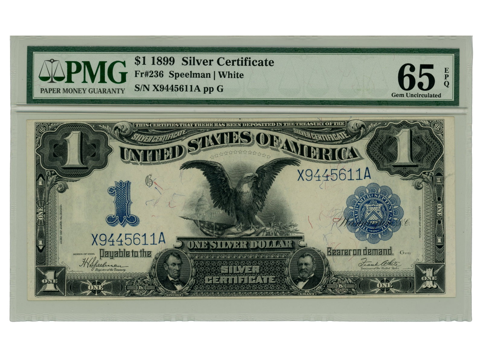 Fr. 236 1899 $1 Silver Cert PMG 65 EPQ: Fr. 236 1899 $1 Silver Certificate graded PMG Gem Uncirculated 65 EPQ. Shipping: Weiss Auctions offers full-service, in-house shipping for nearly all items in this auction. For a shipping quote, pleas