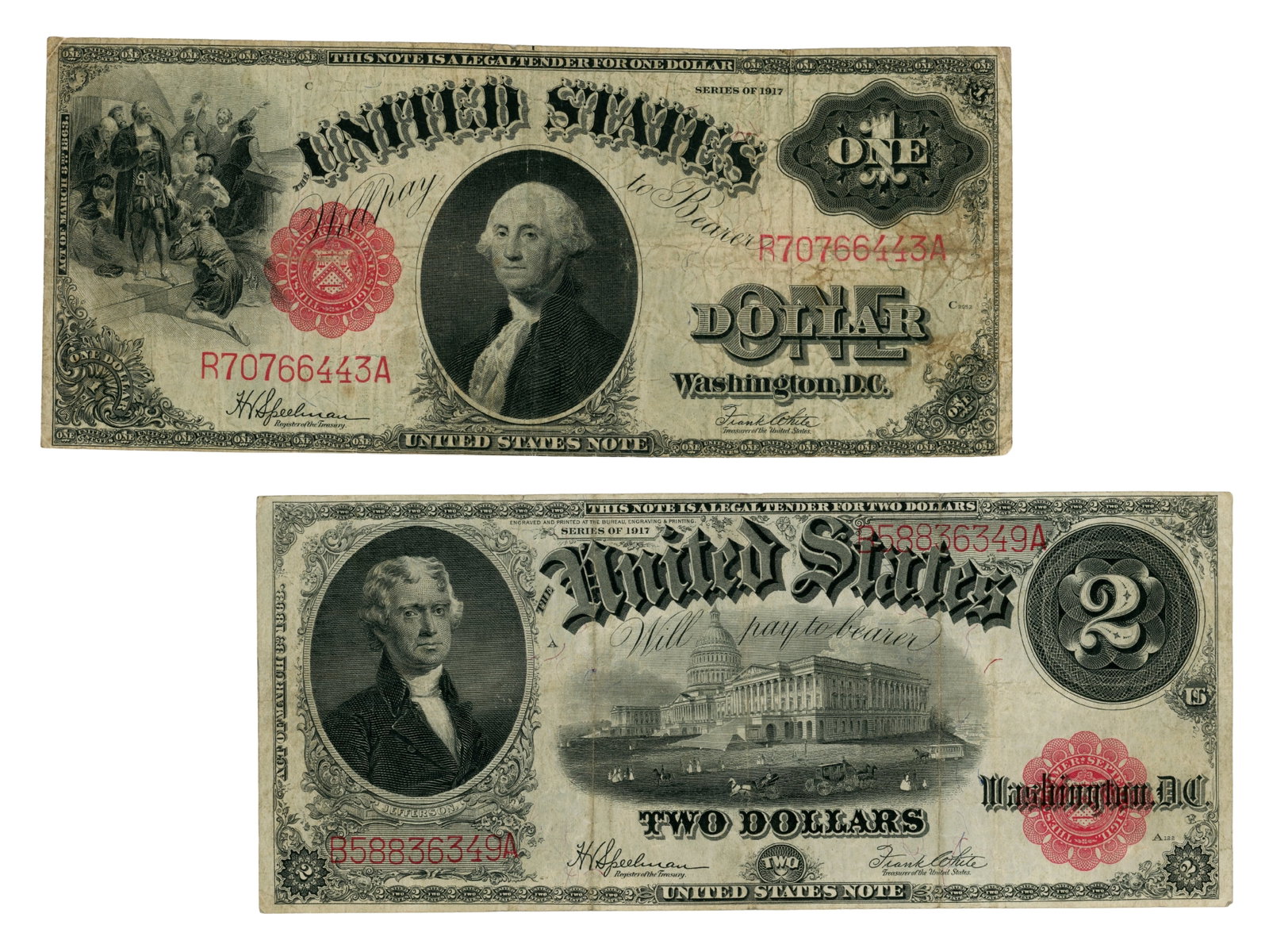 (2) Large Size Legal Tender Notes: Group of (2) large size Legal Tender Notes including Fr. 39 $1 Legal Tender Note and Fr. 60 $2 Legal Tender Note. Ungraded. See images for condition. Shipping: Weiss Auctions offers full-service,