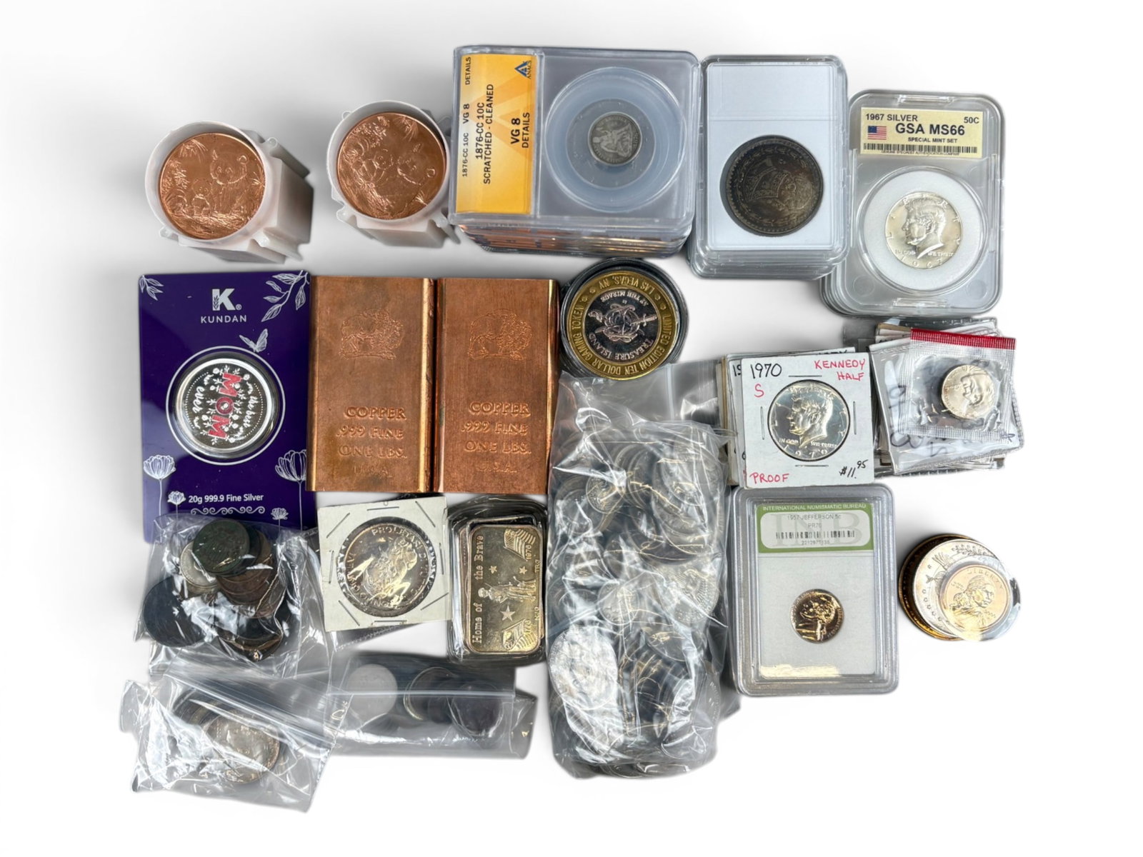 Estate Coin & Bullion Collection: Estate coin and bullion collection including a variety of U.S. coins with Large Cents, Indian Head Cents, 2 Cents, Shield, Buffalo, and Wartime Jefferson Nickels, assorted silver dimes, quarters, and
