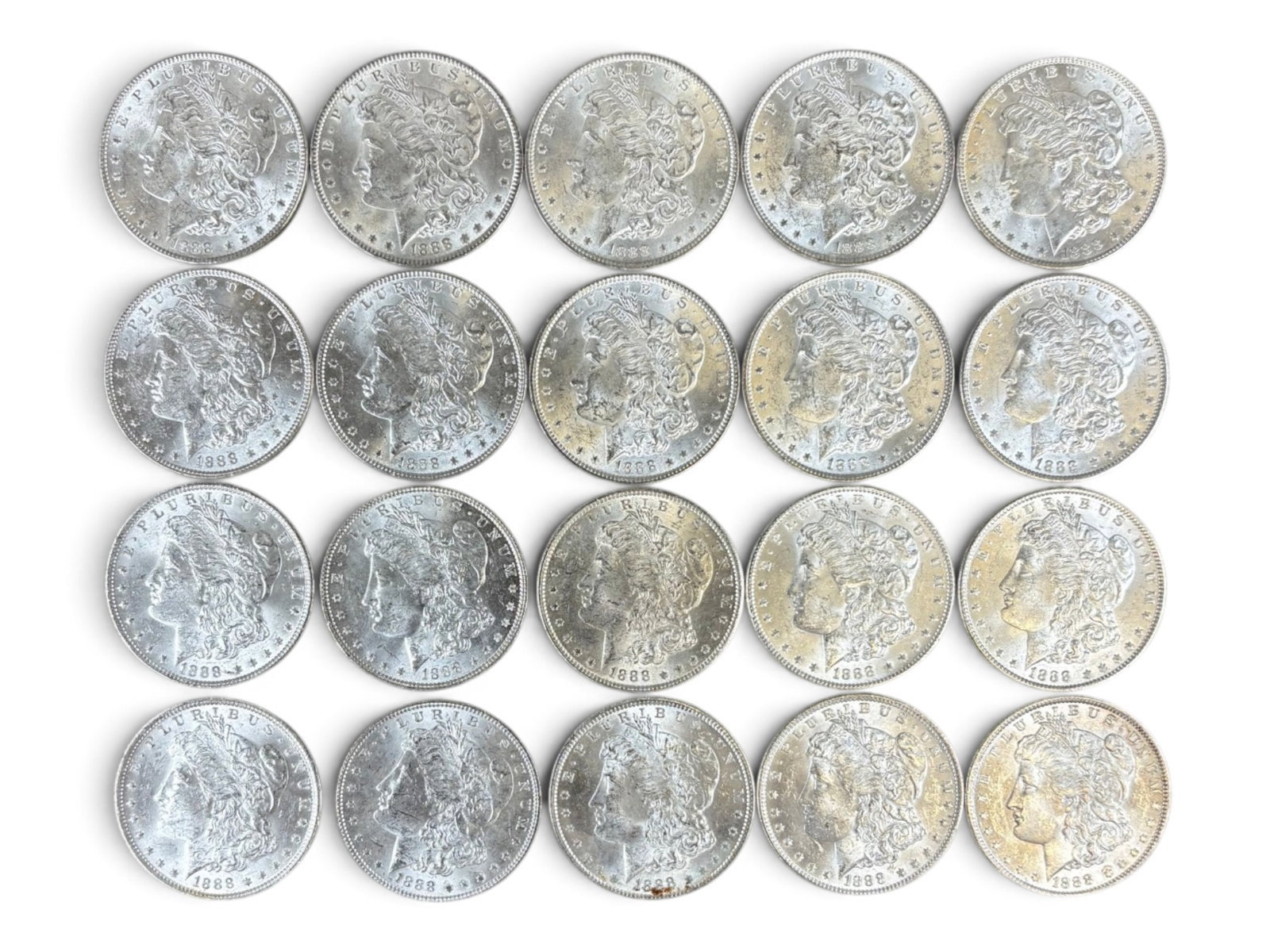 (20) 1888 Morgan Dollars: 20 High Grade 1888 Morgan Dollars. See images.This lot is being offered on behalf of the Kings County Public Administrators Office from the Estate of Michael Amodeo (PA#201116) DE8554128. Shipping: