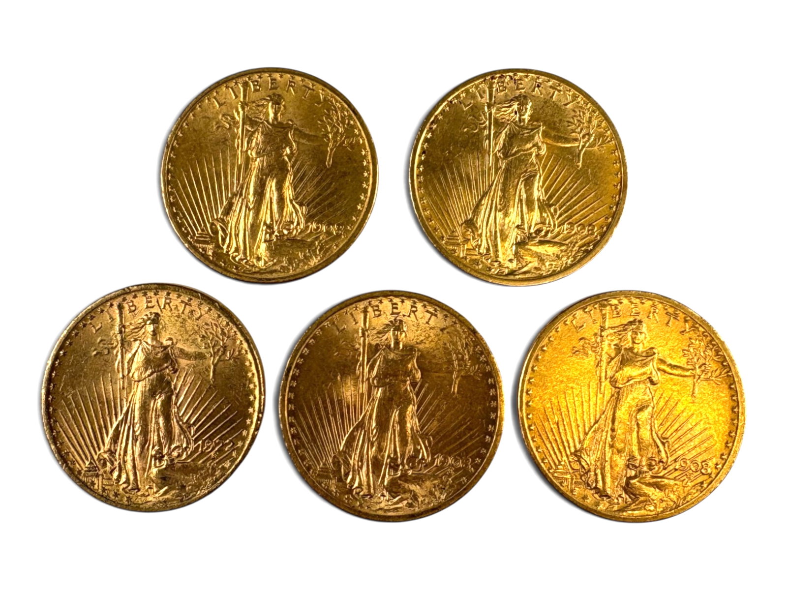 (5) $20 St. Gaudens: 5 $20 Gold St. Gaudens Double Eagles. Mixed dates. See images.This lot is being offered on behalf of the Kings County Public Administrators Office from the Estate of Michael Amodeo (PA#201116) DE85539