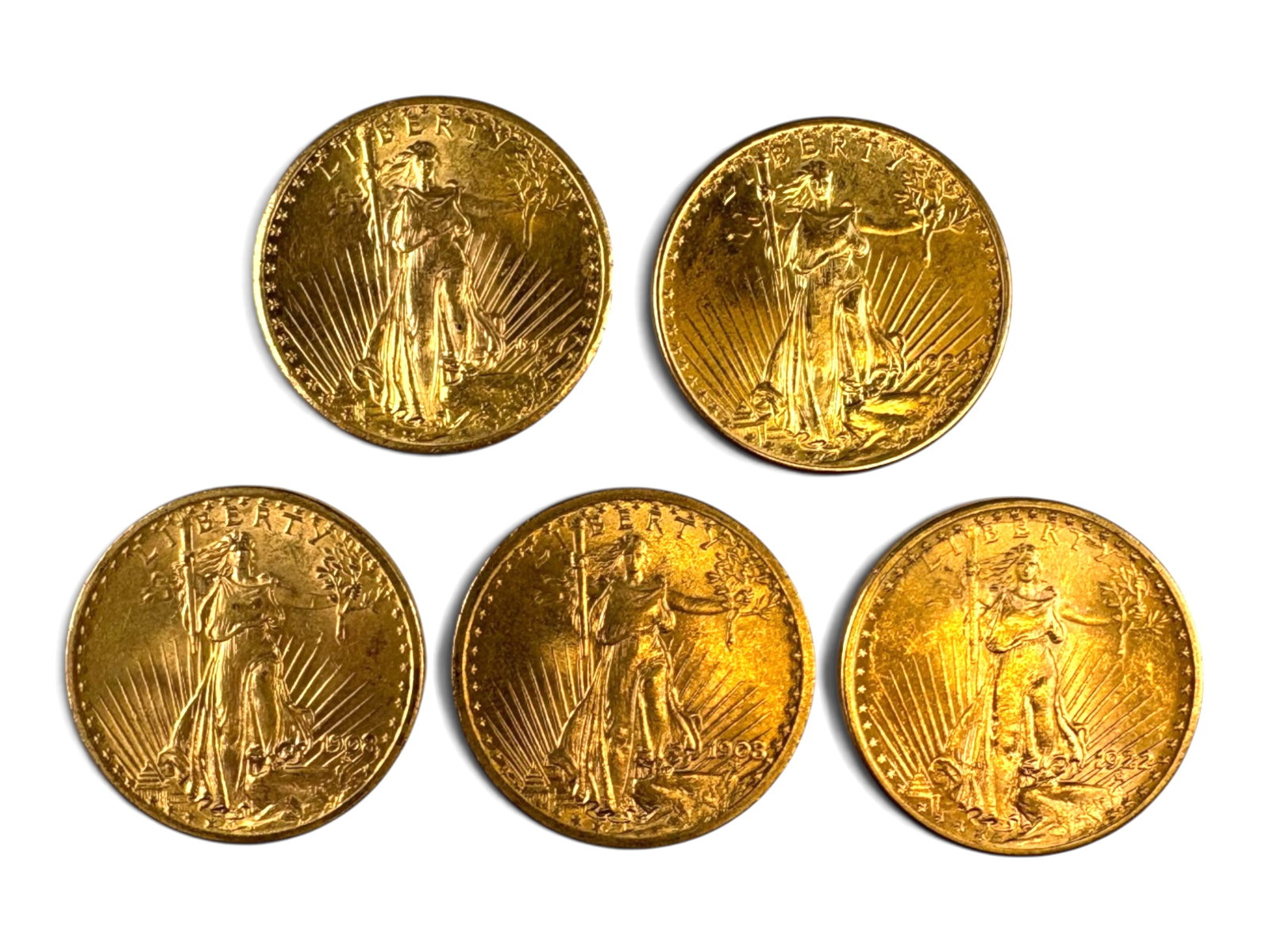 (5) $20 St. Gaudens: 5 $20 Gold St. Gaudens Double Eagles. Mixed dates. See images.This lot is being offered on behalf of the Kings County Public Administrators Office from the Estate of Michael Amodeo (PA#201116)