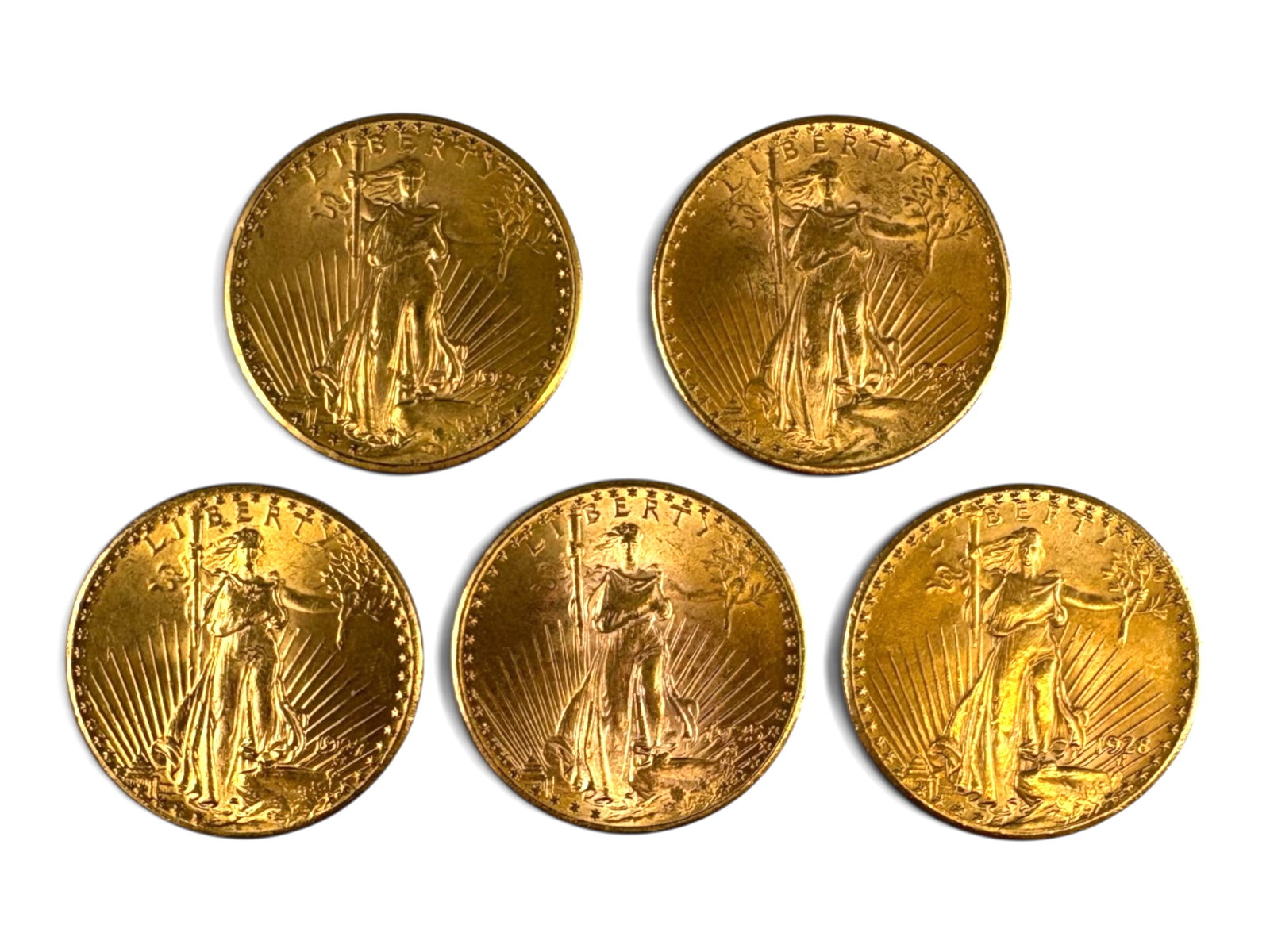(5) $20 St. Gaudens: 5 $20 Gold St. Gaudens Double Eagles. Mixed dates. See images.This lot is being offered on behalf of the Kings County Public Administrators Office from the Estate of Michael Amodeo (PA#201116)
