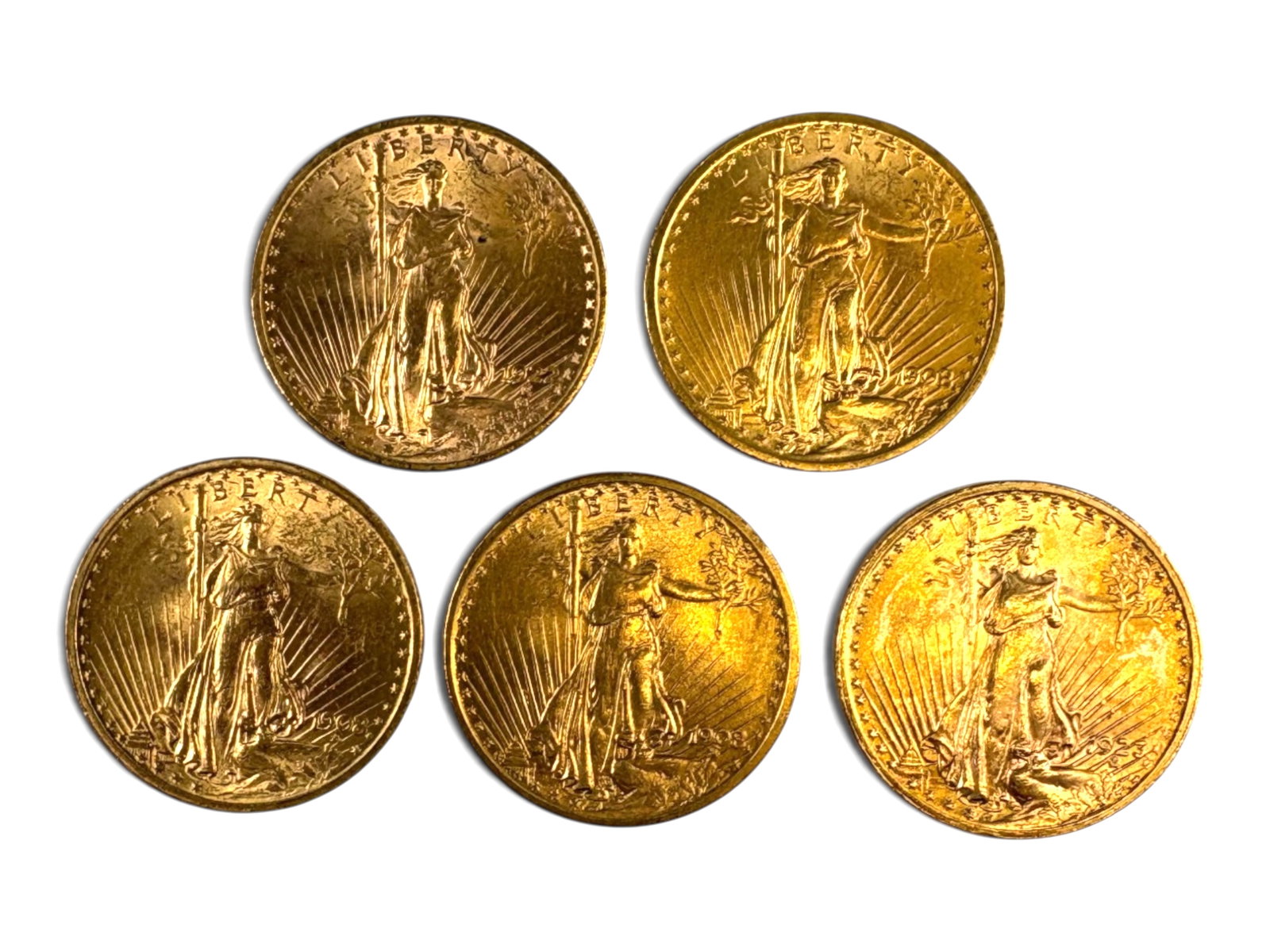 (5) $20 St. Gaudens: 5 $20 Gold St. Gaudens Double Eagles. Mixed dates. See images.This lot is being offered on behalf of the Kings County Public Administrators Office from the Estate of Michael Amodeo (PA#201116)