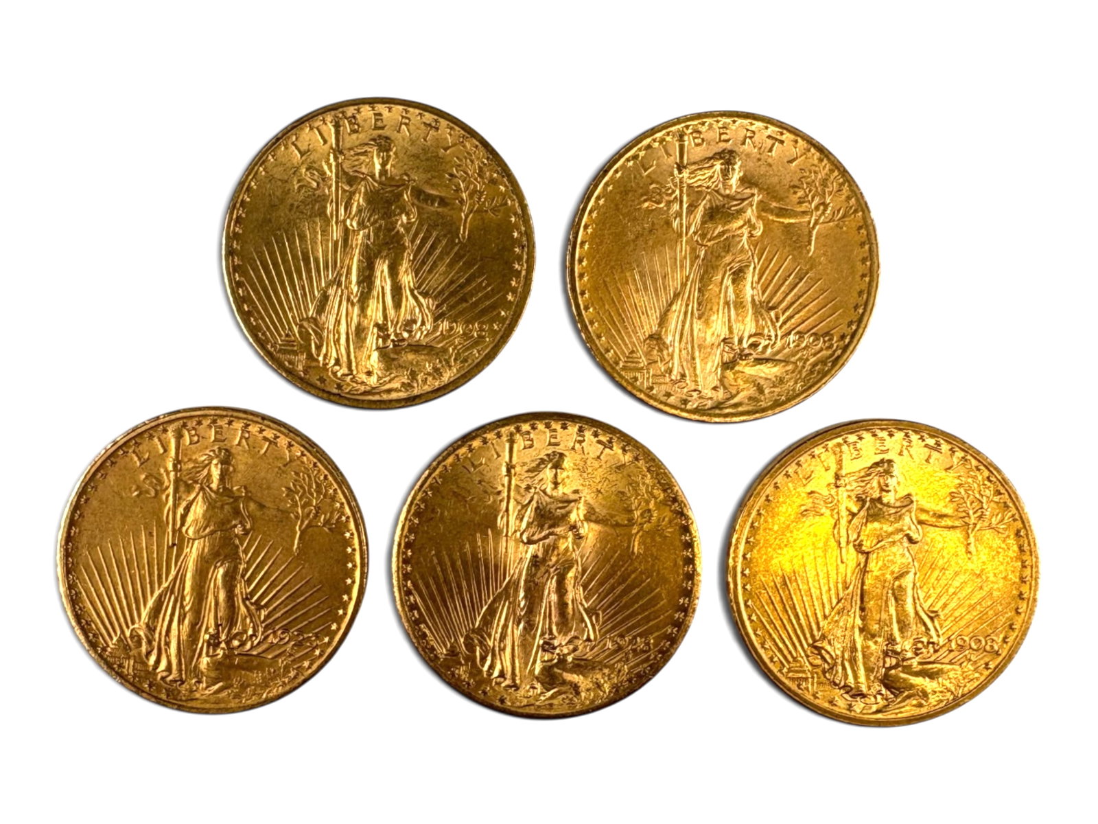 (5) $20 St. Gaudens: 5 $20 Gold St. Gaudens Double Eagles. Mixed dates. See images.This lot is being offered on behalf of the Kings County Public Administrators Office from the Estate of Michael Amodeo (PA#201116)