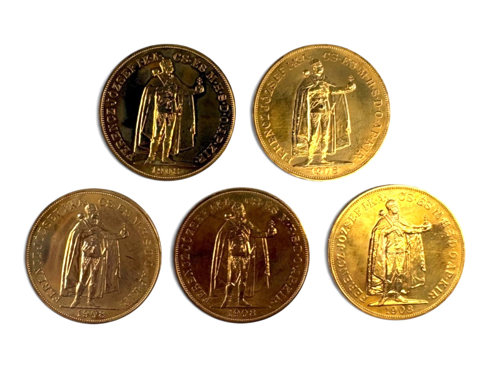 (5) Hungary 100 Koronas: 5 Hungary 100 Korona 1908 restrikes.This lot is being offered on behalf of the Kings County Public Administrators Office from the Estate of Michael Amodeo (PA#201116) DE8553970. Shipping: Weiss Auctio