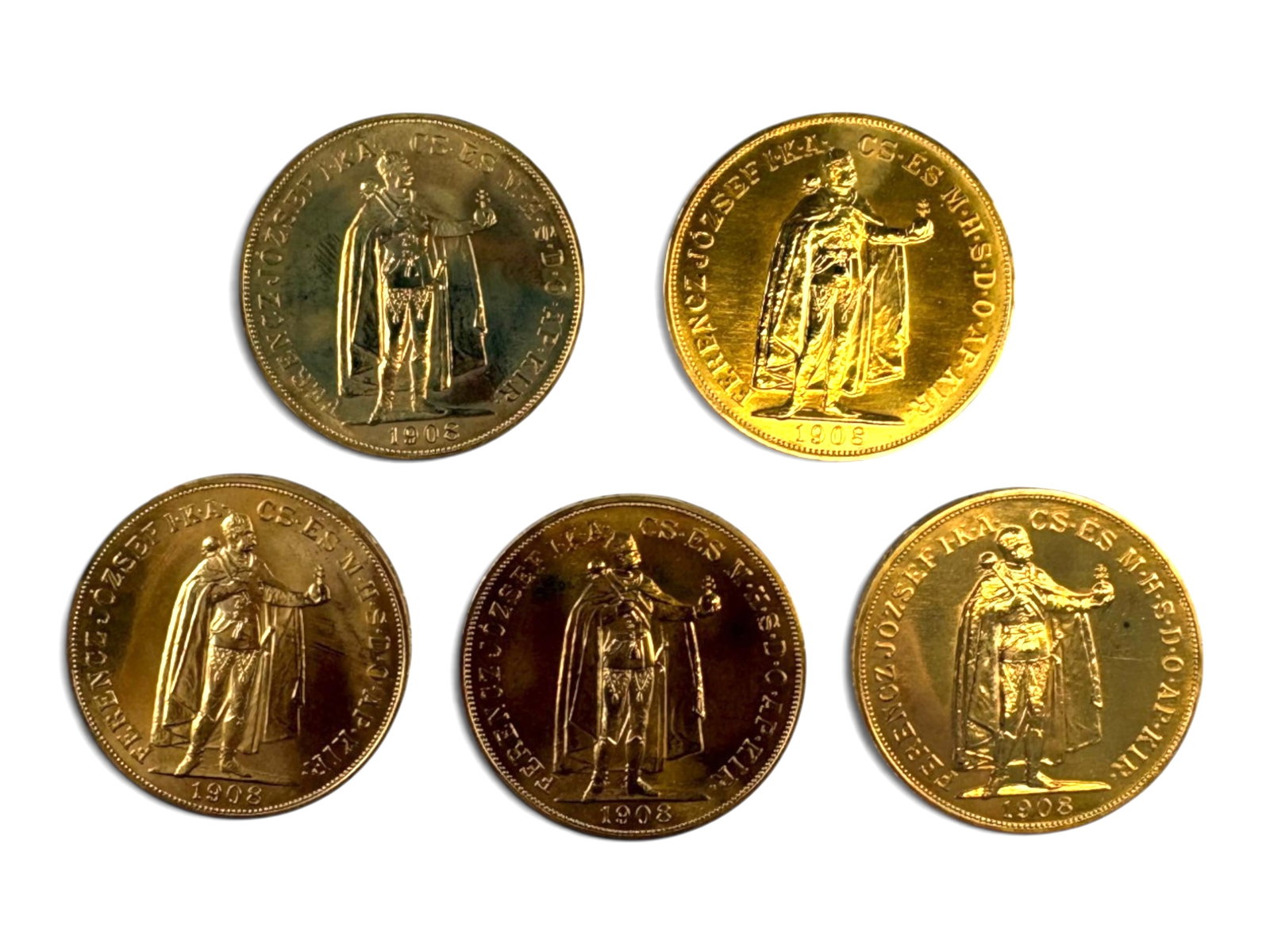 (5) Hungary 100 Koronas: 5 Hungary 100 Korona 1908 restrikes.This lot is being offered on behalf of the Kings County Public Administrators Office from the Estate of Michael Amodeo (PA#201116) DE8553970. Shipping: Weiss Auctio