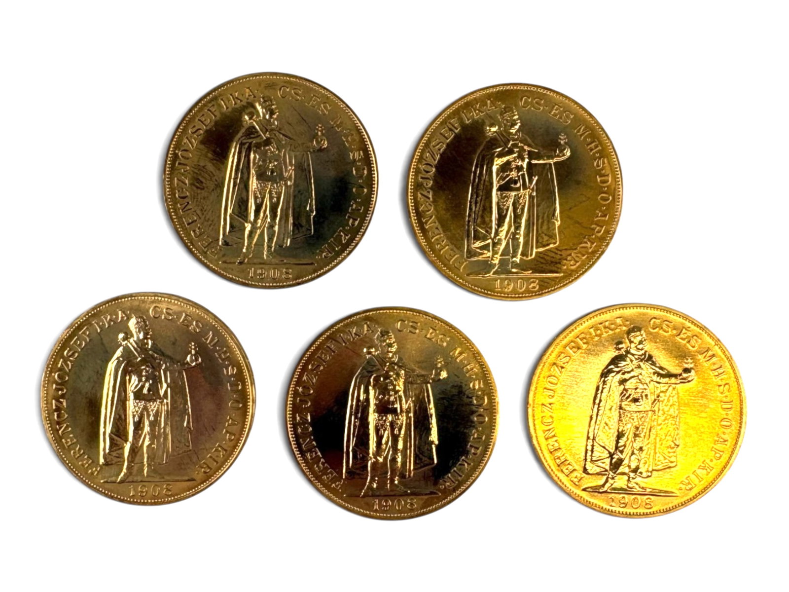 (5) Hungary 100 Koronas: 5 Hungary 100 Korona 1908 restrikes.This lot is being offered on behalf of the Kings County Public Administrators Office from the Estate of Michael Amodeo (PA#201116) DE8553970. Shipping: Weiss Auctio