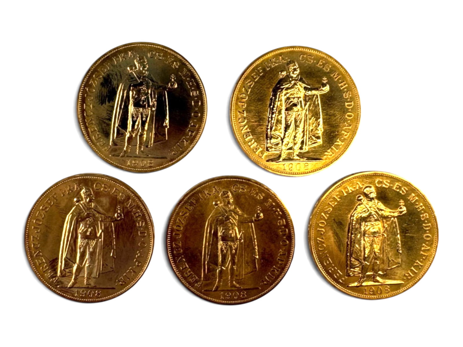 (5) Hungary 100 Koronas: 5 Hungary 100 Korona 1908 restrikes.This lot is being offered on behalf of the Kings County Public Administrators Office from the Estate of Michael Amodeo (PA#201116) DE8553970. Shipping: Weiss Auctio