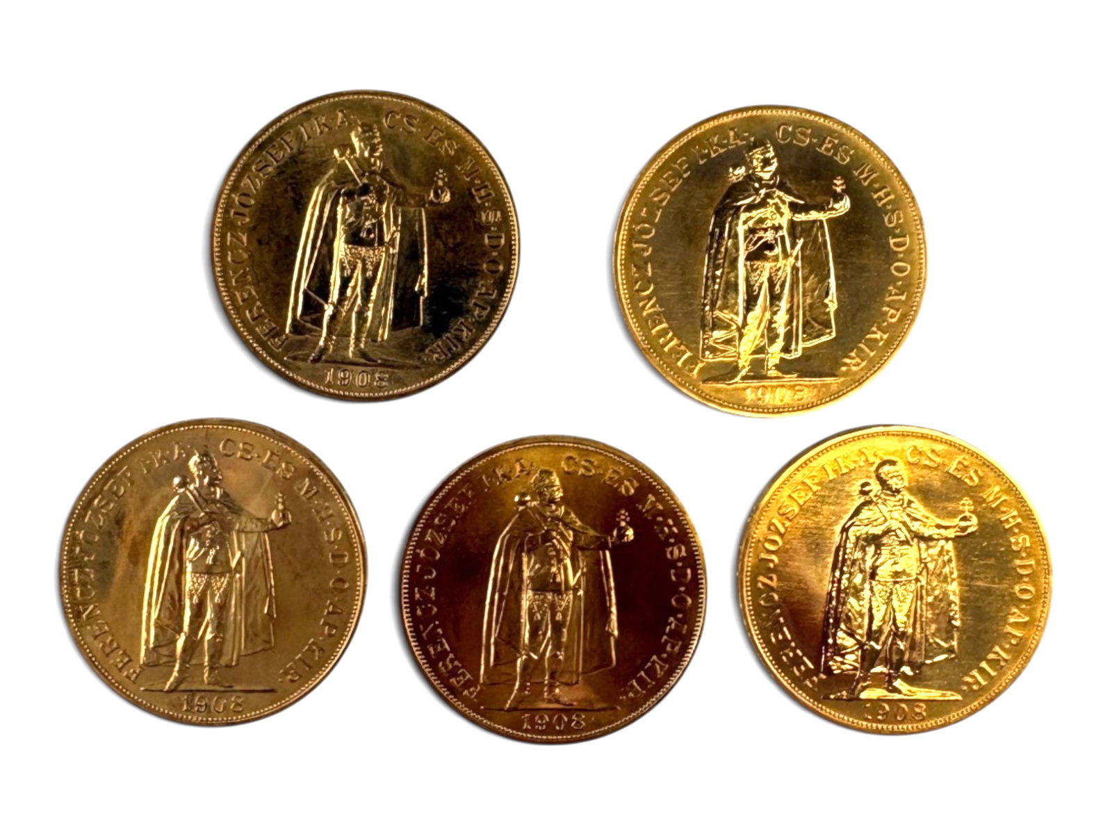 (5) Hungary 100 Koronas: 5 Hungary 100 Korona 1908 restrikes.This lot is being offered on behalf of the Kings County Public Administrators Office from the Estate of Michael Amodeo (PA#201116) DE8553970. Shipping: Weiss Auctio