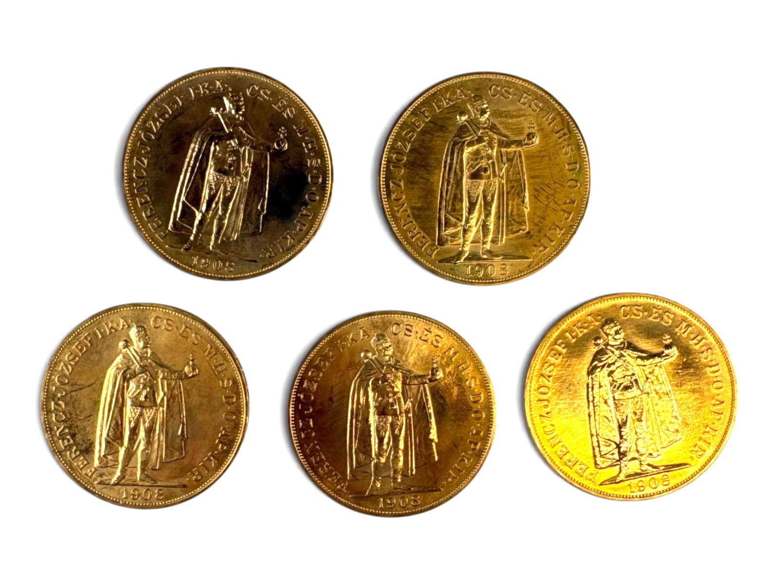 (5) Hungary 100 Koronas: 5 Hungary 100 Korona 1908 restrikes.This lot is being offered on behalf of the Kings County Public Administrators Office from the Estate of Michael Amodeo (PA#201116) DE8553970. Shipping: Weiss Auctio
