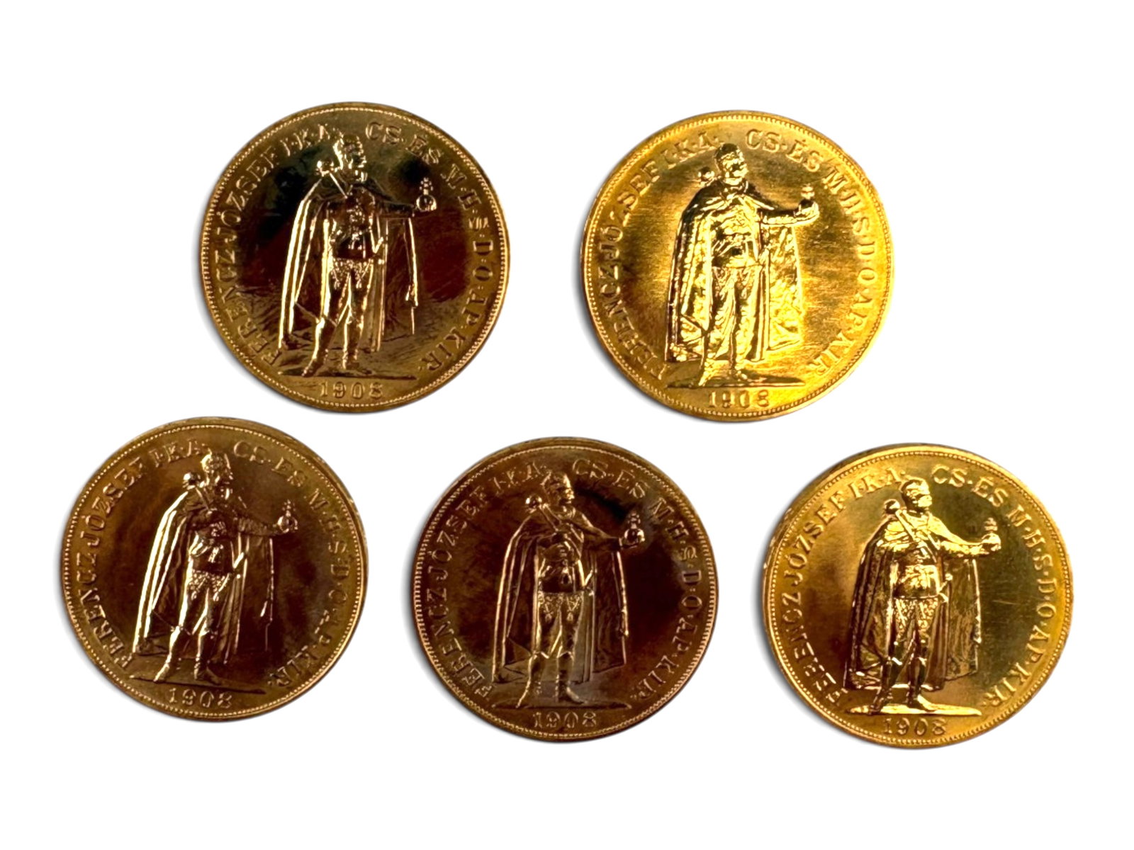 (5) Hungary 100 Koronas: 5 Hungary 100 Korona 1908 restrikes.This lot is being offered on behalf of the Kings County Public Administrators Office from the Estate of Michael Amodeo (PA#201116) DE8553970. Shipping: Weiss Auctio