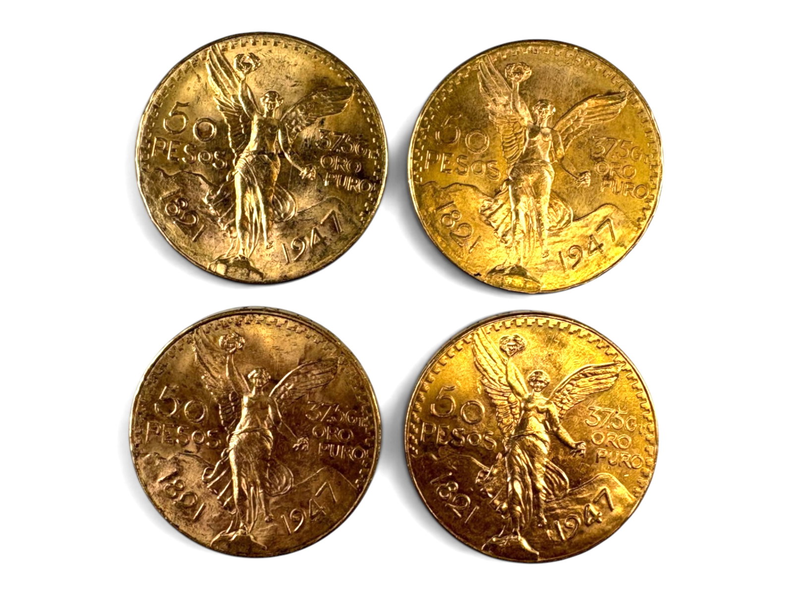 (4) Mexico Gold 50 Pesos: 4 Mexico Gold 50 Pesos. This lot is being offered on behalf of the Kings County Public Administrators Office from the Estate of Michael Amodeo (PA#201116) DE8553970. Shipping: Weiss Auctions offers fu