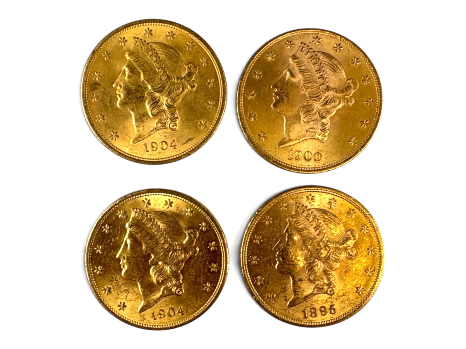 (4) $20 Gold Liberty Head Coins: 4 $20 Gold Liberty Head Coins. Mixed dates. See images. This lot is being offered on behalf of the Kings County Public Administrators Office from the Estate of Michael Amodeo (PA#201116) DE8553970. Sh