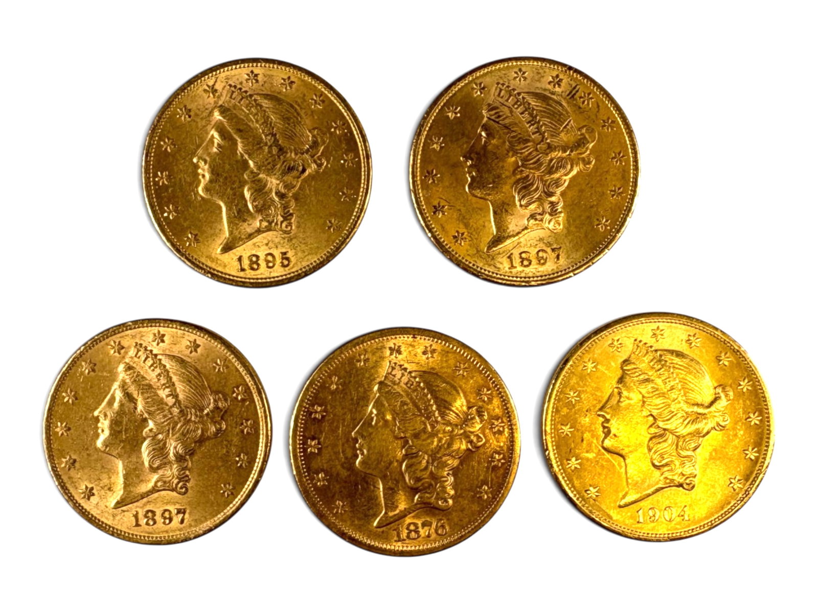 (5) $20 Gold Liberty Head Coins: 5 $20 Gold Liberty Head Coins. Mixed dates. See images. This lot is being offered on behalf of the Kings County Public Administrators Office from the Estate of Michael Amodeo (PA#201116) DE8553970. Sh