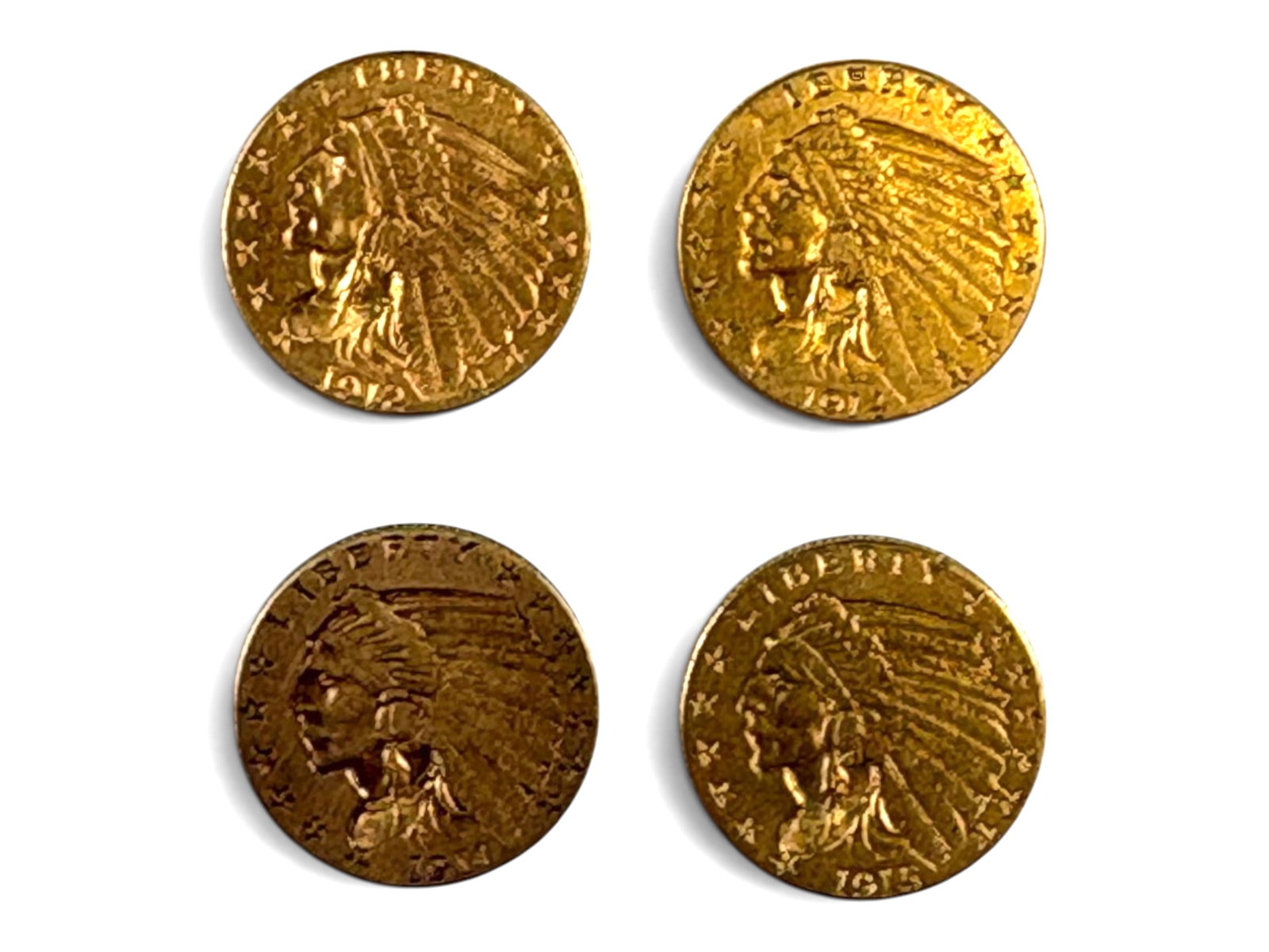 (4) $2.50 Gold Indian Coins: 4 $2.50 Gold Indian coins incl. 1911, 1912, 1914, and 1915. See images.This lot is being offered on behalf of the Kings County Public Administrators Office from the Estate of Michael Amodeo (PA#201116