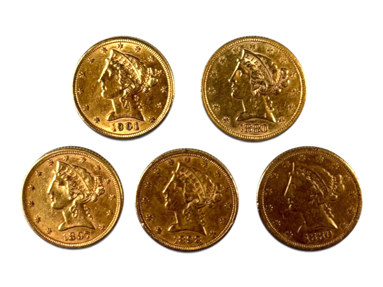 (5) $5 Gold Liberty Head Coins: 5 $5 Gold Liberty Head Coins, mixed dates. See images.This lot is being offered on behalf of the Kings County Public Administrators Office from the Estate of Michael Amodeo (PA#201116) DE8553970. Ship
