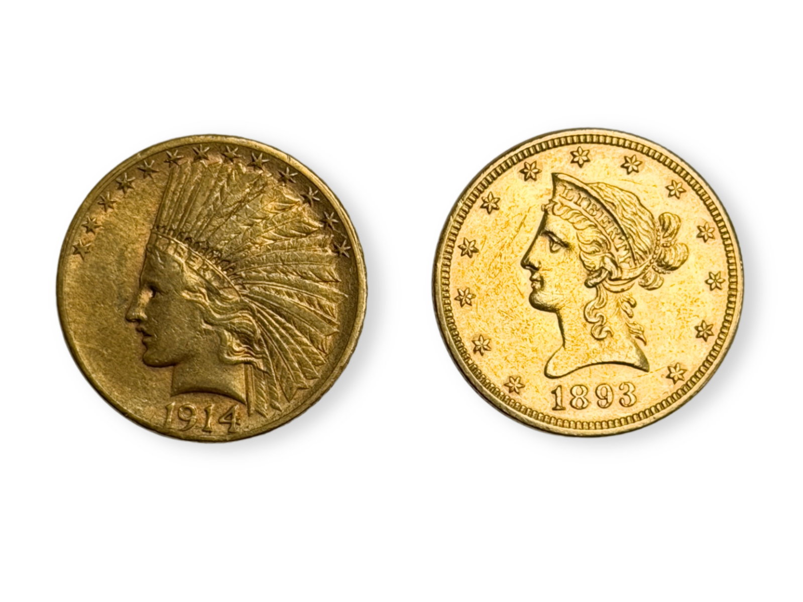 (2) $10 Gold Liberty Head & Indian Coins: 2 $10 Gold Liberty Head & Indian coins incl. 1893 and 1914-S. See images.This lot is being offered on behalf of the Kings County Public Administrators Office from the Estate of Michael Amodeo (PA#2011