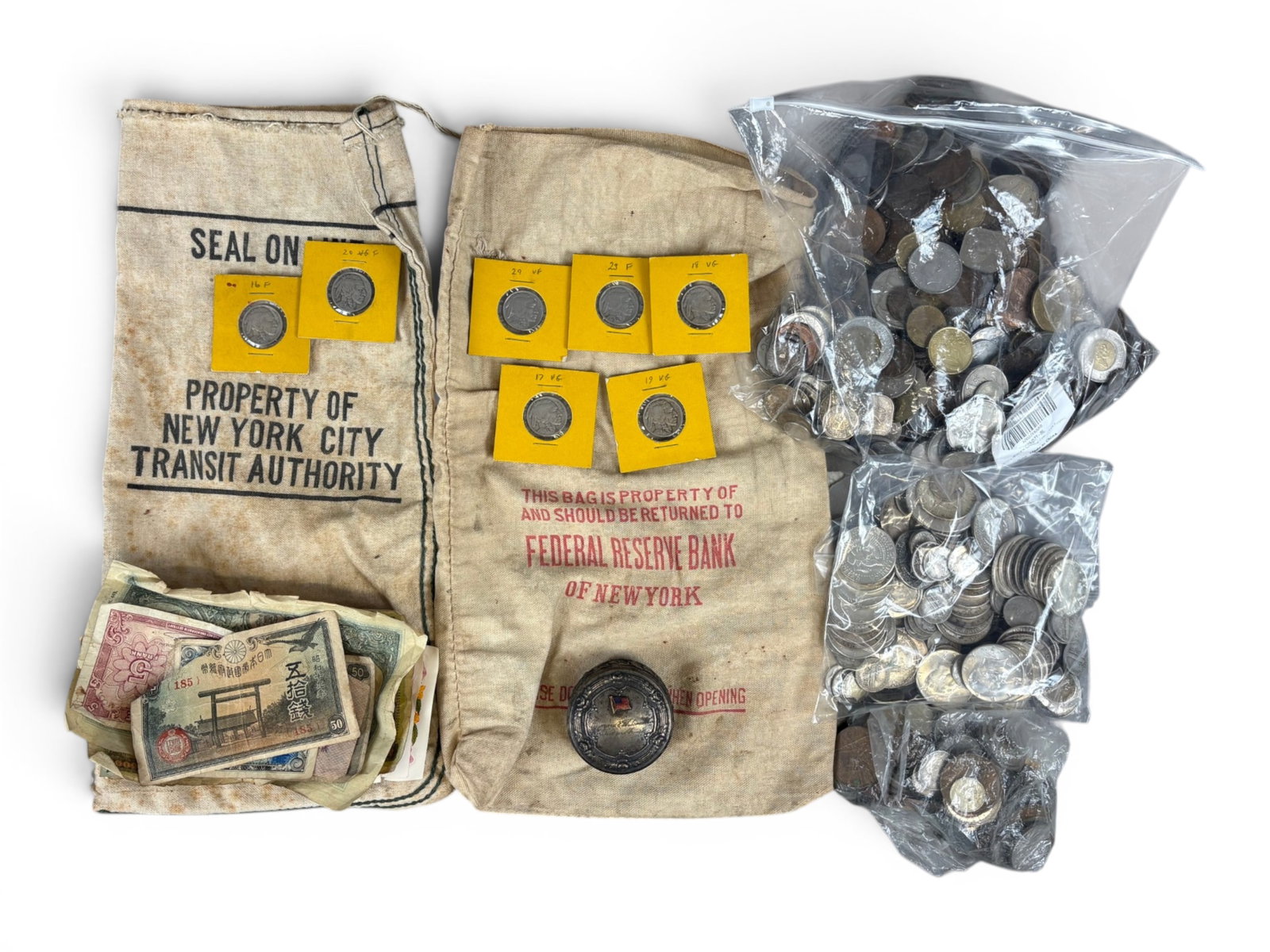 Estate Coin Collecton: Estate U.S. and Foreign Coin and currency collection including 1 Peace Dollar, various 90% and 40% silver half dollars, Washington 90% Quarters, Mercury, Barber, and 90% Roosevelt Dimes, and various o