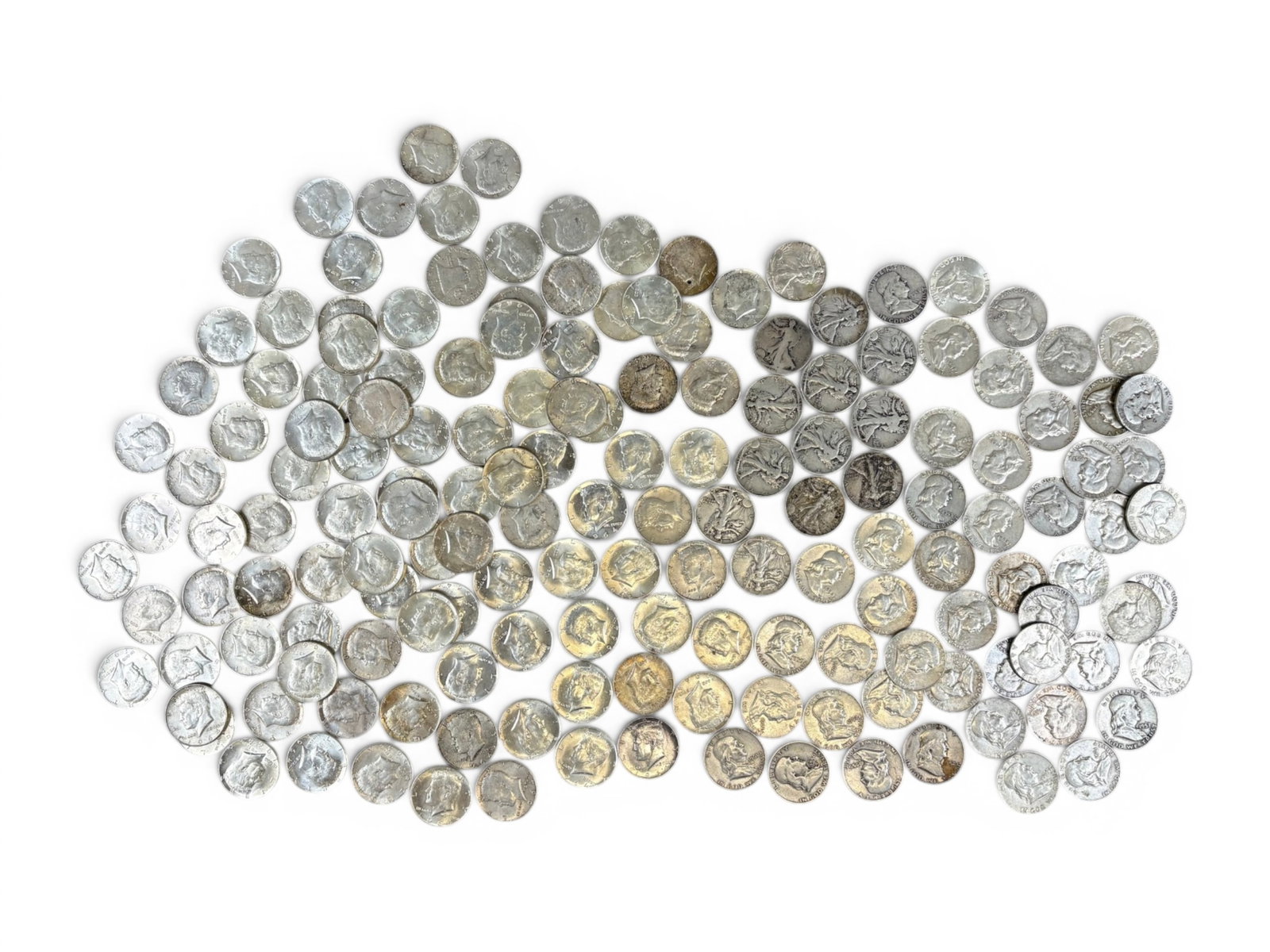Collection of 90% Silver Half Dollars: Collection of 163 90% Silver Half Dollars including Walking Liberty, Franklin, and 1964 Kennedy. Mixed condition. See images. Shipping: Weiss Auctions offers full-service, in-house shipping for nearly