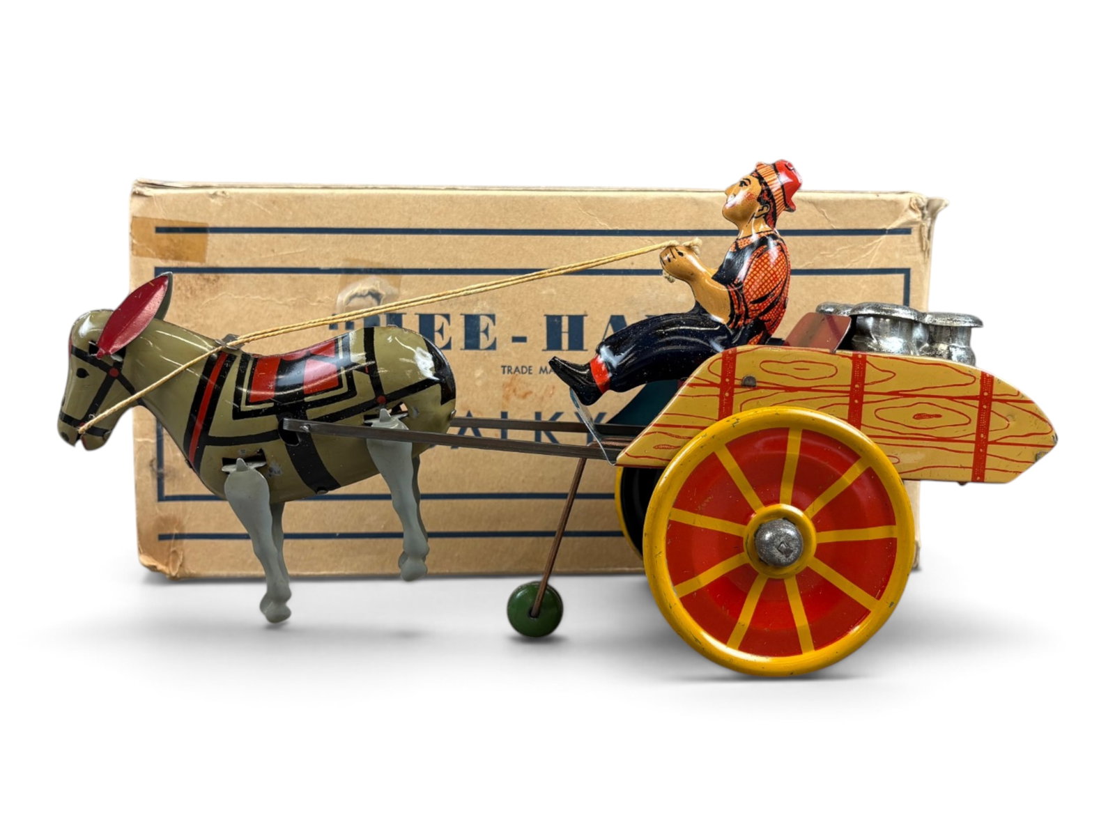 Marx Hee Haw the Balky Mule: Marx tin lithographed wind-up "Hee Haw the Balky Mule" with its original box. Classic 1930s mechanical toy featuring colorful lithography and whimsical action. Tested prior to cataloging and found to