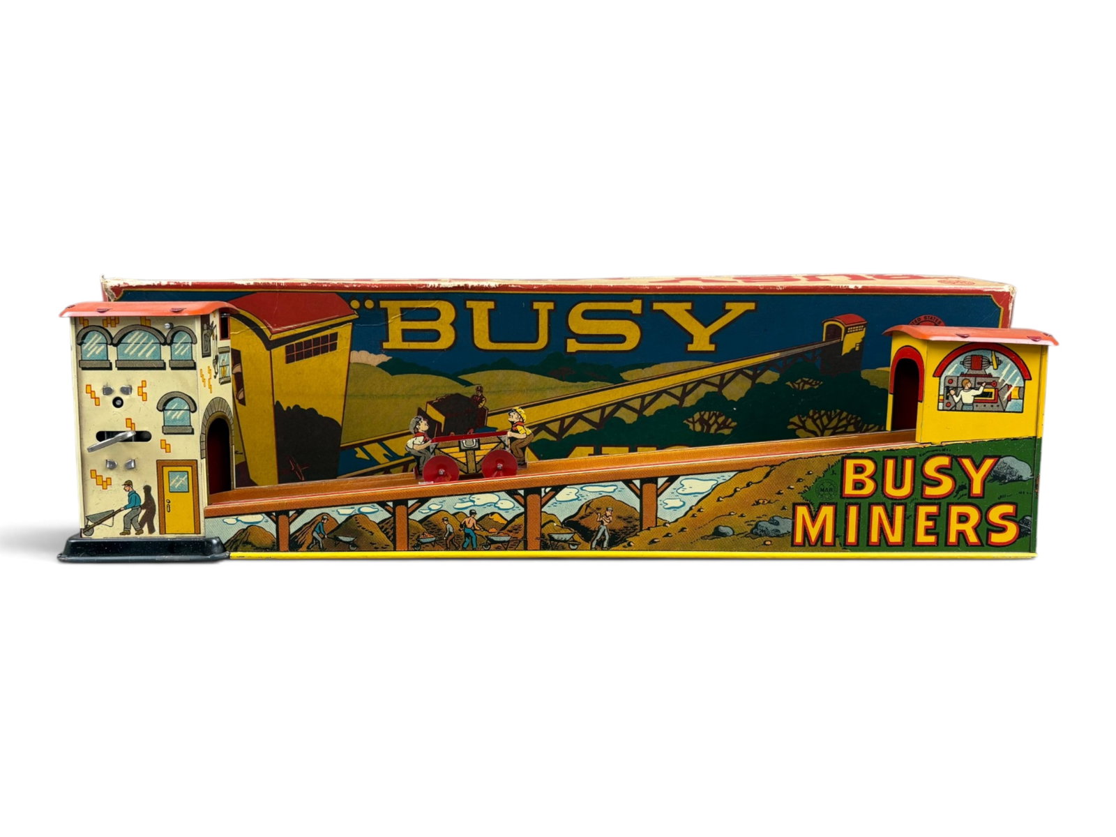 Marx Busy Miners Wind-Up: Marx 1930s "Busy Miners" tin lithographed wind-up toy with its original box. When operated, the mining car travels up and down and in and out of the mine. Toy is very clean with excellent, colorful li