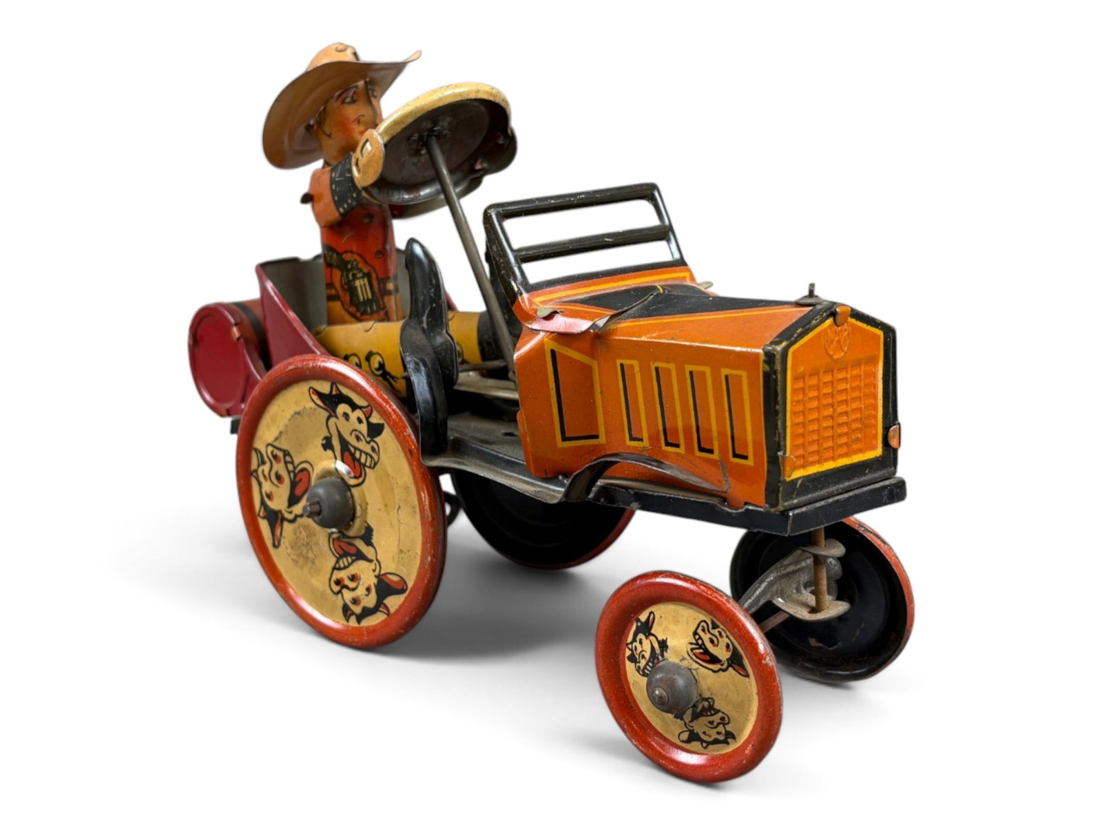 Marx Whoopee Car Wind-Up: Early Marx tin lithographed wind-up "Whoopee Car" in working order. Features a cowboy driving an old jalopy with whimsical laughing cows decorating the wheels. Clean, colorful lithography and a wonder