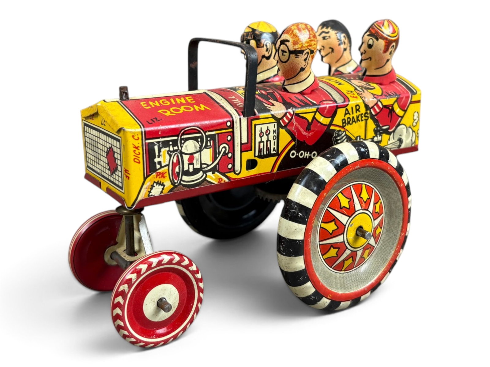 Marx College Jalopy Wind-Up: Marx tin lithographed "College Jalopy" wind-up toy, measuring approximately 6? inches long. Features four riders in the whimsical "crazy car" design. Tested prior to cataloging and found to be in perf