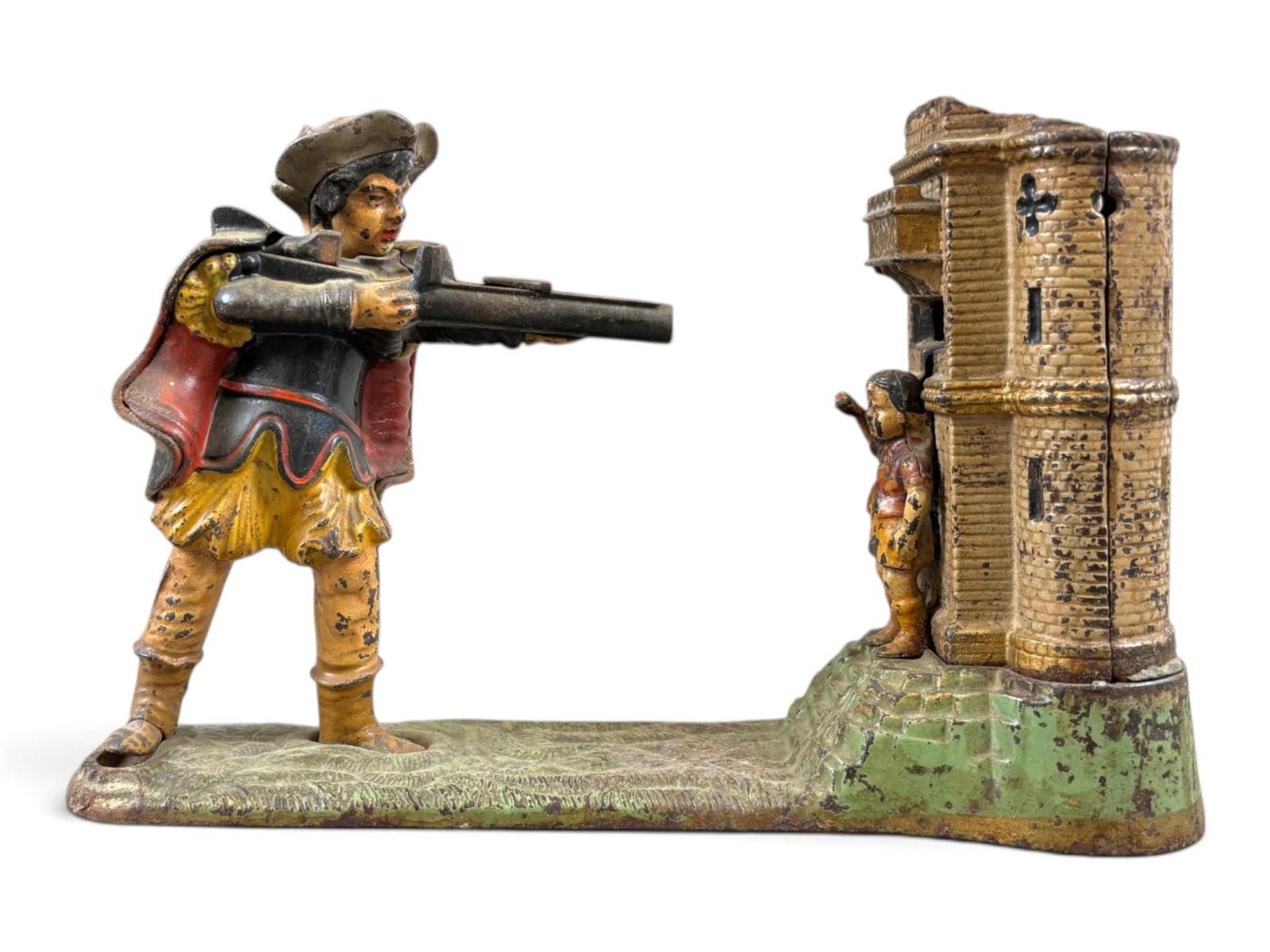 William Tell Mechanical Bank: Cast iron William Tell mechanical bank measuring approximately 10 inches long by 6? inches tall. Retains approximately 70% of its original paint. The apple from the top of the boy's head is missing.
