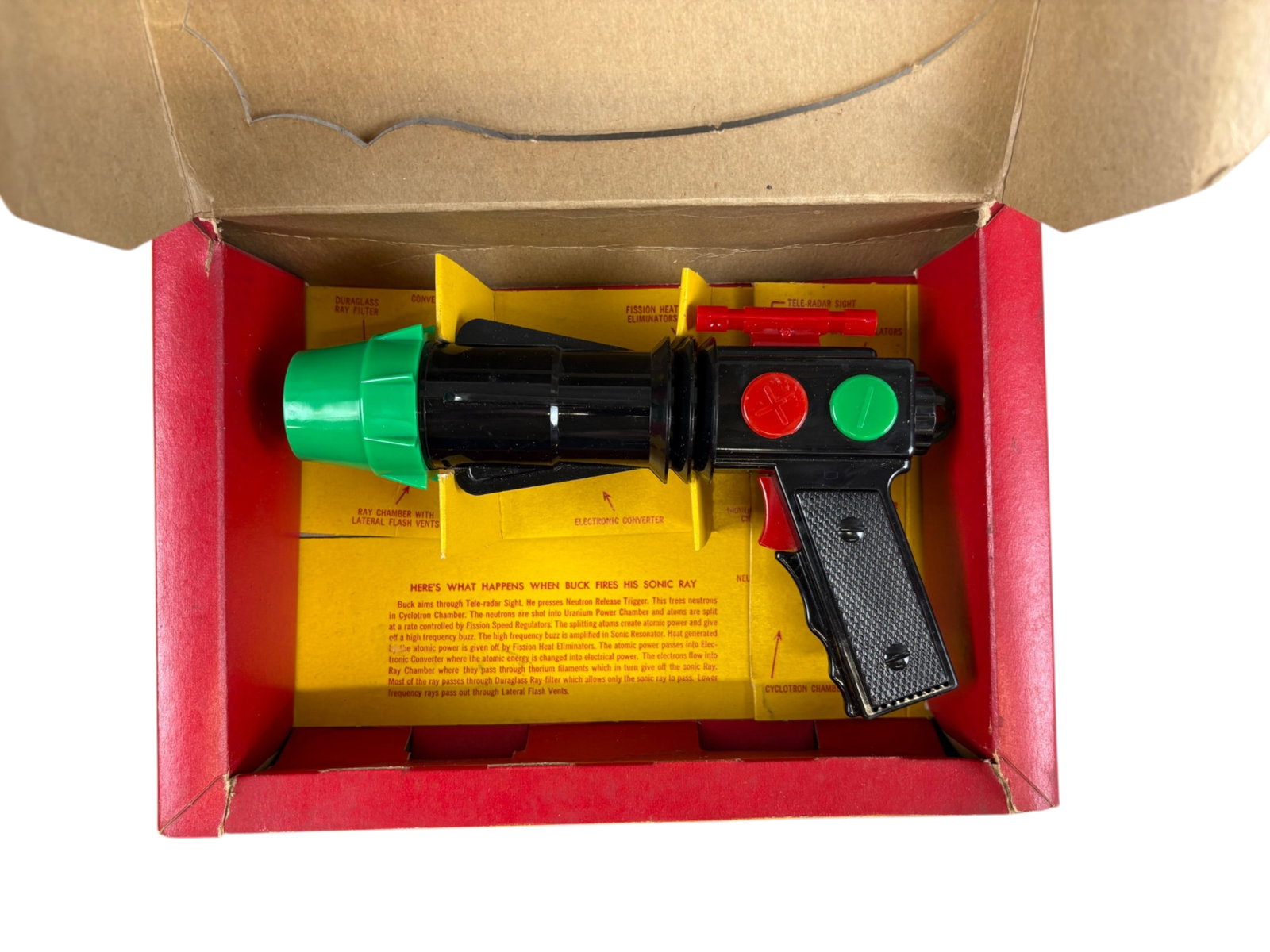 1950's Boxed Buck Rogers Super Sonic Ray Gun: Circa 1955, Norton Honer Mfg. Plastic ray gun. Comes in the original display box. Box shows light edge/corner wear, creases, and surface wear. Shipping: Weiss Auctions offers full-service, in-house