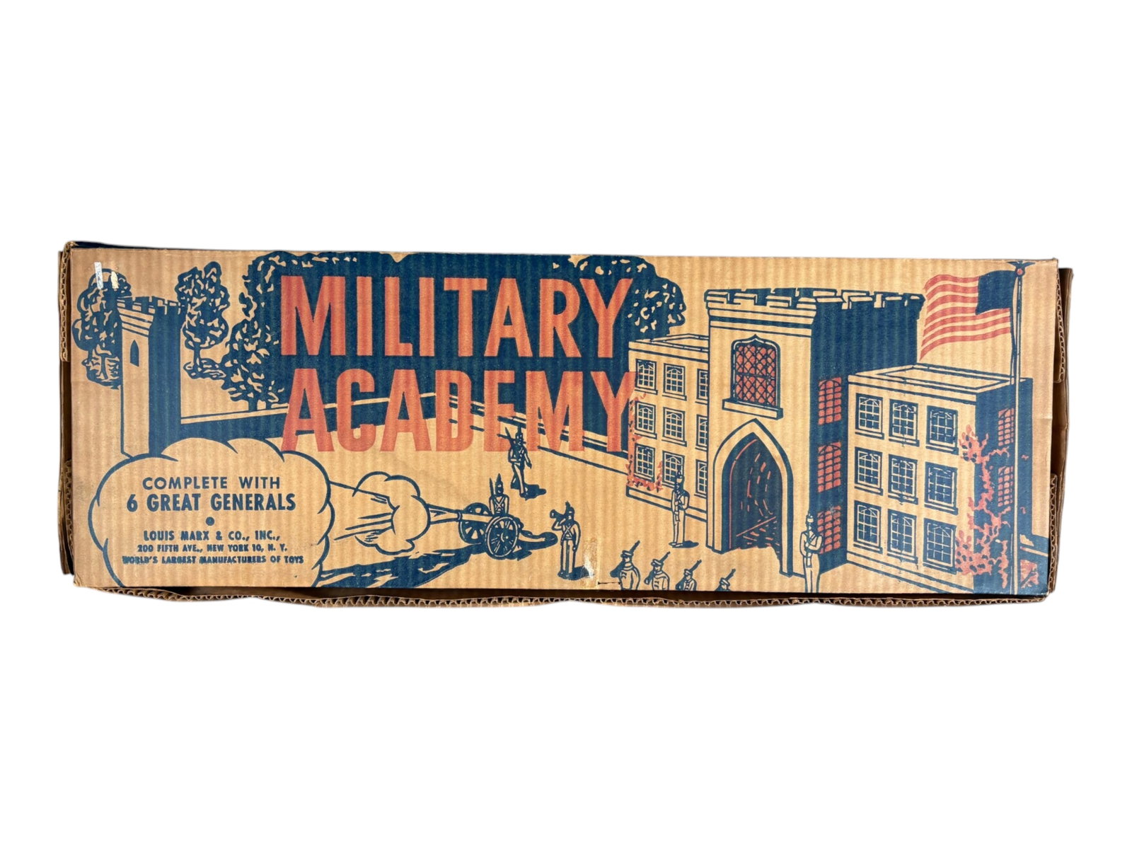 Boxed Marx Military Academy Playset: Vintage Military Academy Playset by Marx, no. 4716. All original. Missing the assembly instructions, otherwise appears to be complete, however not collated. Includes lithographed metal building, and