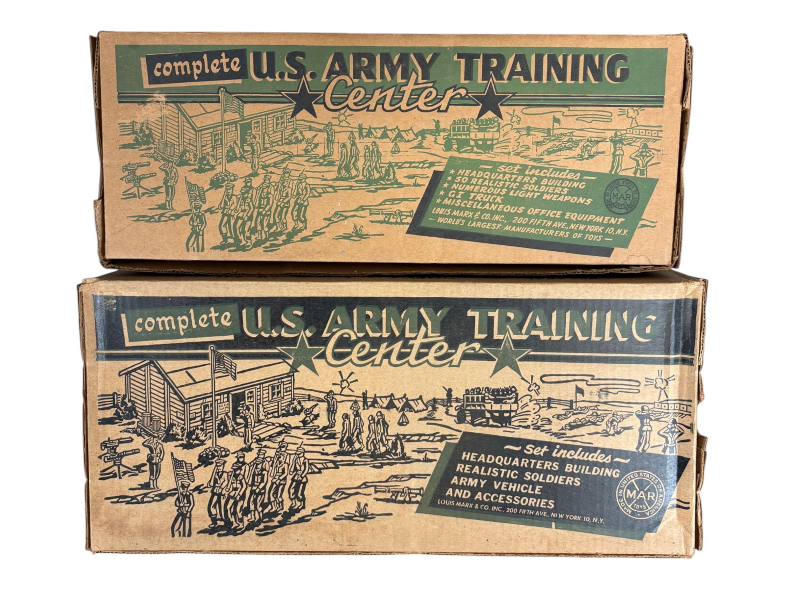 (2) Boxed Marx U.S. Army Training Center Playsets: Vintage, lot of (2) U.S. Army Training Center Playsets by Marx. One of the sets includes assembly instructions along with Marx bagged pieces/accessories, the other set has tin building and multiple