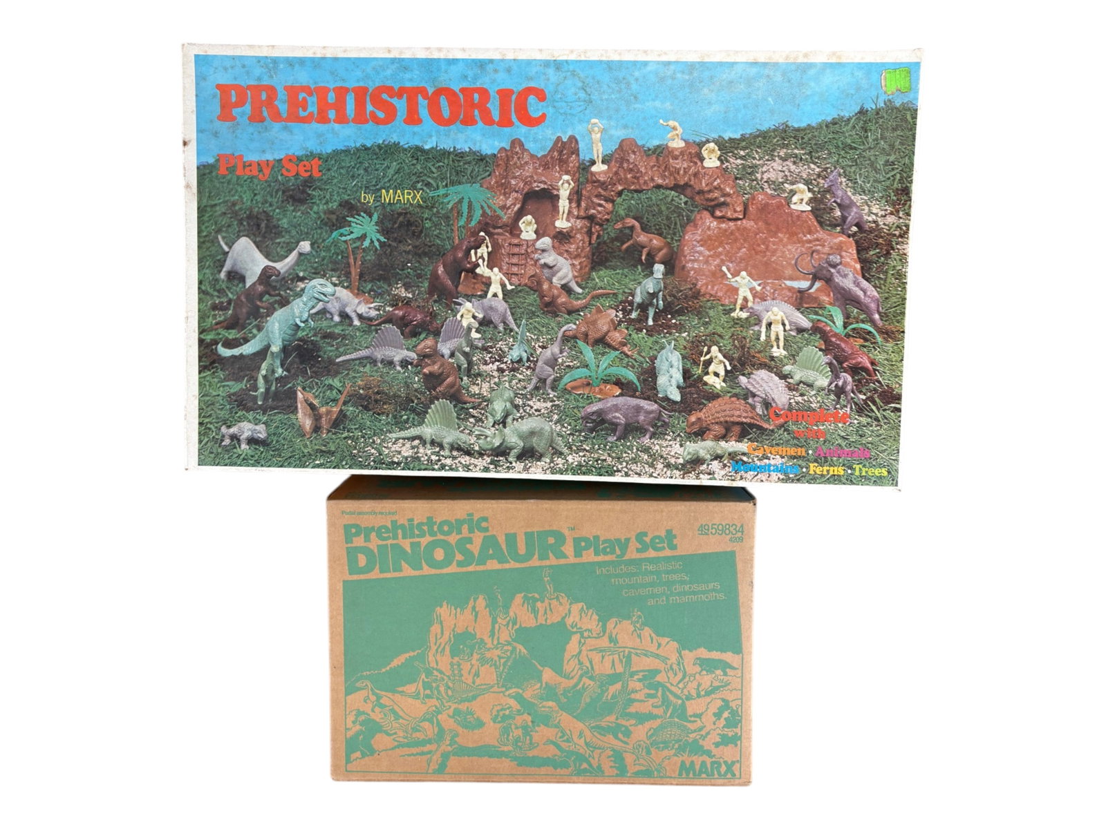 (2) Boxed Marx Prehistoric Dinosaur Playsets: Lot of 2, Prehistoric Dinosaur Playsets by Marx. Includes set #3398, and modern set 59834. The smaller boxed set is still factory sealed. The larger is opened, and includes original assembly