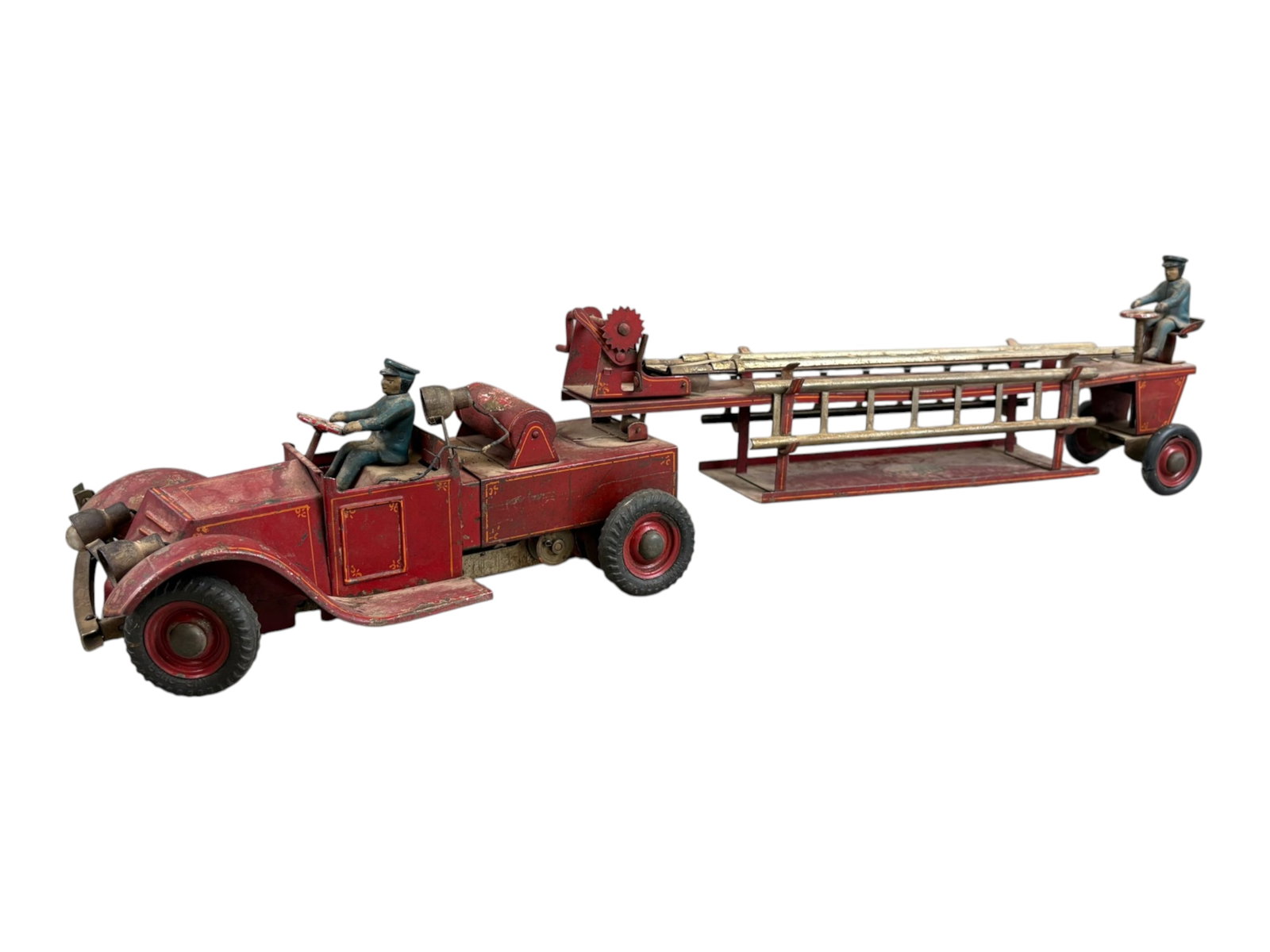 Rare Kokomo Electrica Fire Truck, circa 1931: Rare, Kokomo Electricar fire truck, an unusual electrically operated toy designed to run as part of the Kokomo Electricar track system. Large red fire apparatus features a motorized front vehicle