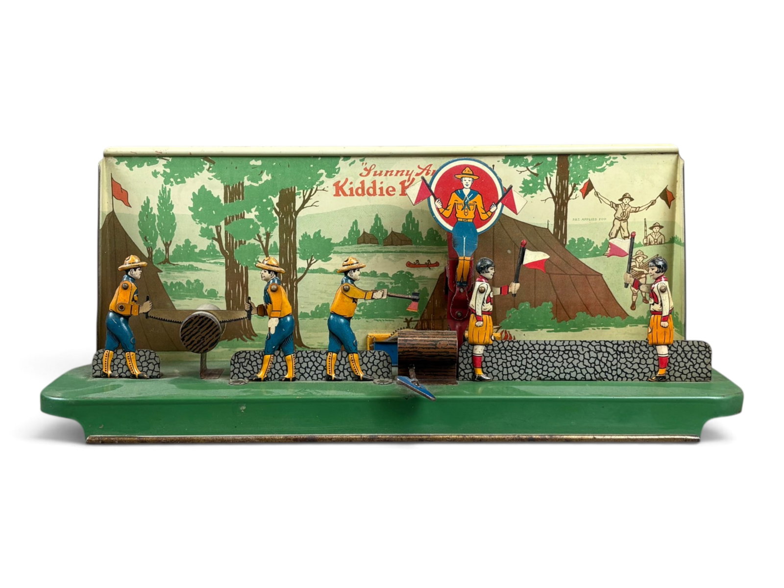 Sunny Andy Kitty Campers: Sunny Andy "Kitty Campers" tin lithographed wind-up toy measuring approximately 14 inches long. Features animated campers chopping wood, sawing logs, and waving flags. Tested prior to cataloging and
