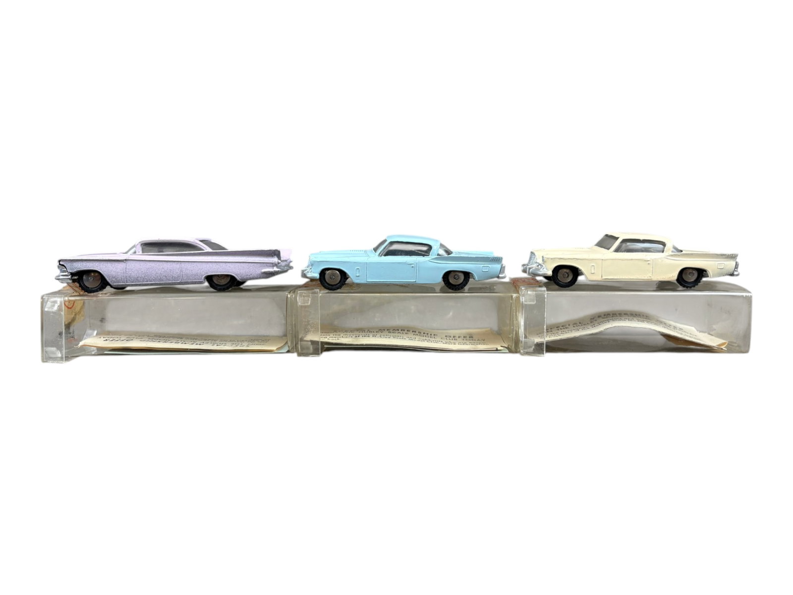 3 LN Boxed 1961 Hubley Real Toy Vehicles: Includes 422 Studebaker Hawk, lt blue; 428 Buick Invicta, mauve, both with decals and club paper; 422 Studebaker Hawk, cream with club paper. All show light handling with clear plastic boxes.