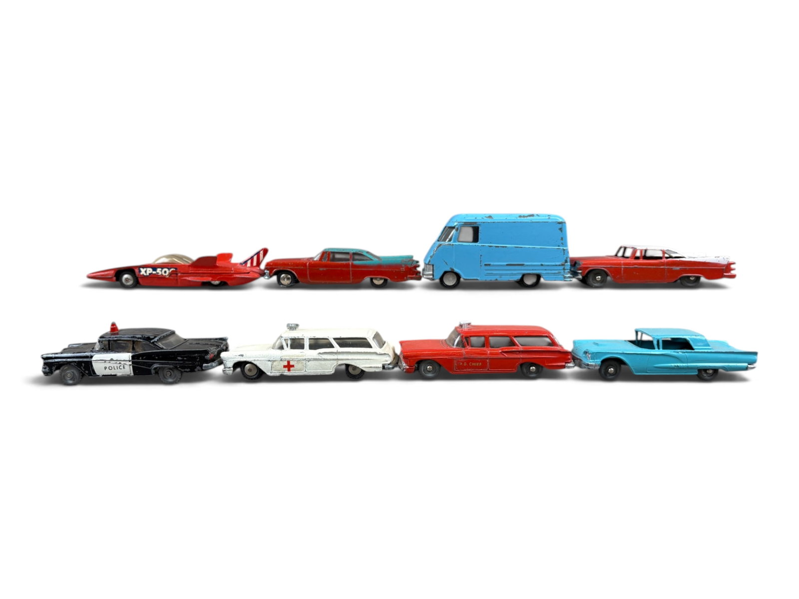 8 Scarce Hubley Real Toy Canadian Vehicles: Hubley manufactured a few Real Toys in Canada and vehicles are thus marked. Some interesting variations. All show light play wear, turquoise T-Bird is restored. See photos for exact lot contents