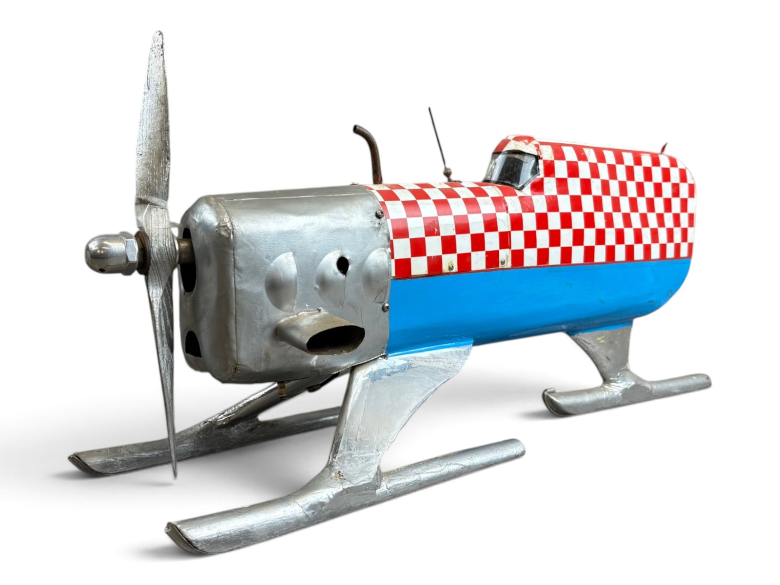 Scarce 1942 Custom Built Gas Tether Ice Racer: Original owner piece. Nicely built from plans printed in the 1942 Model Builder Magazine. It is mostly wood construction, 20? long. It has a very large gas motor with damaged wooden prop. It has a