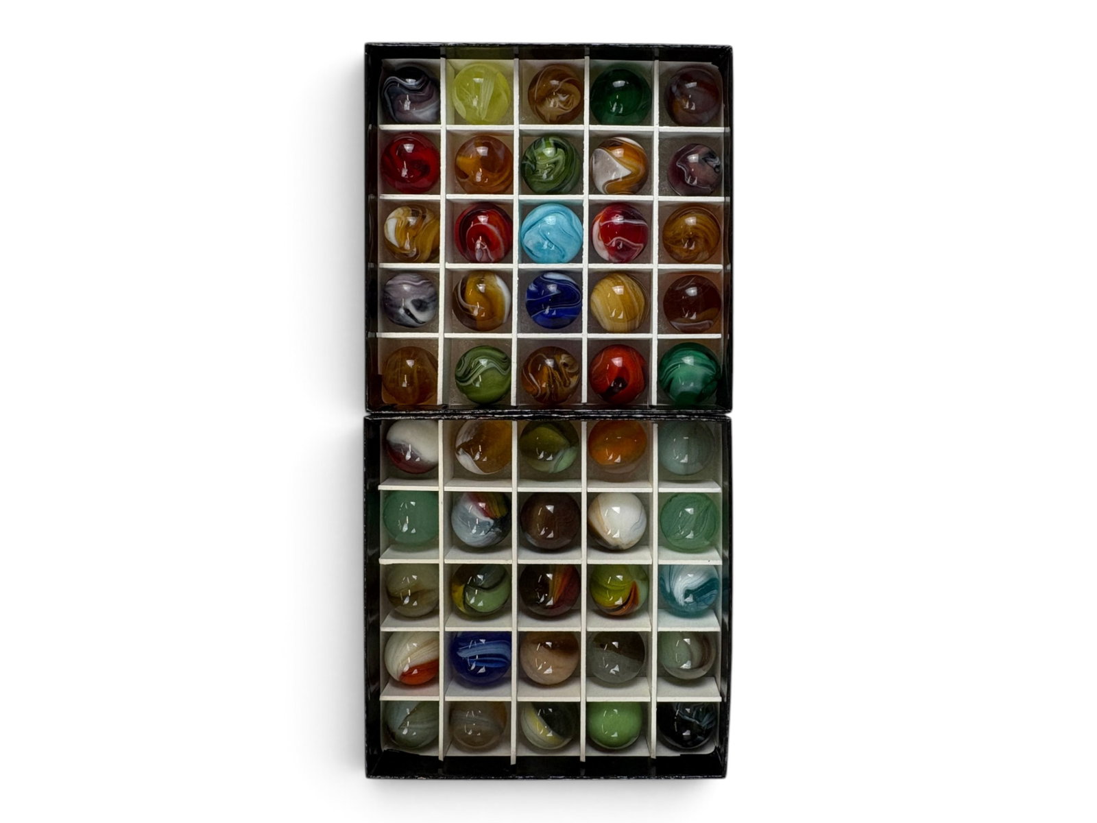 50 Assorted Vintage Marbles: Includes 25 Master marbles in modern box and a box of minty slag marbles from various makers. Shipping: Weiss Auctions offers full-service, in-house shipping for nearly all items in this auction. For