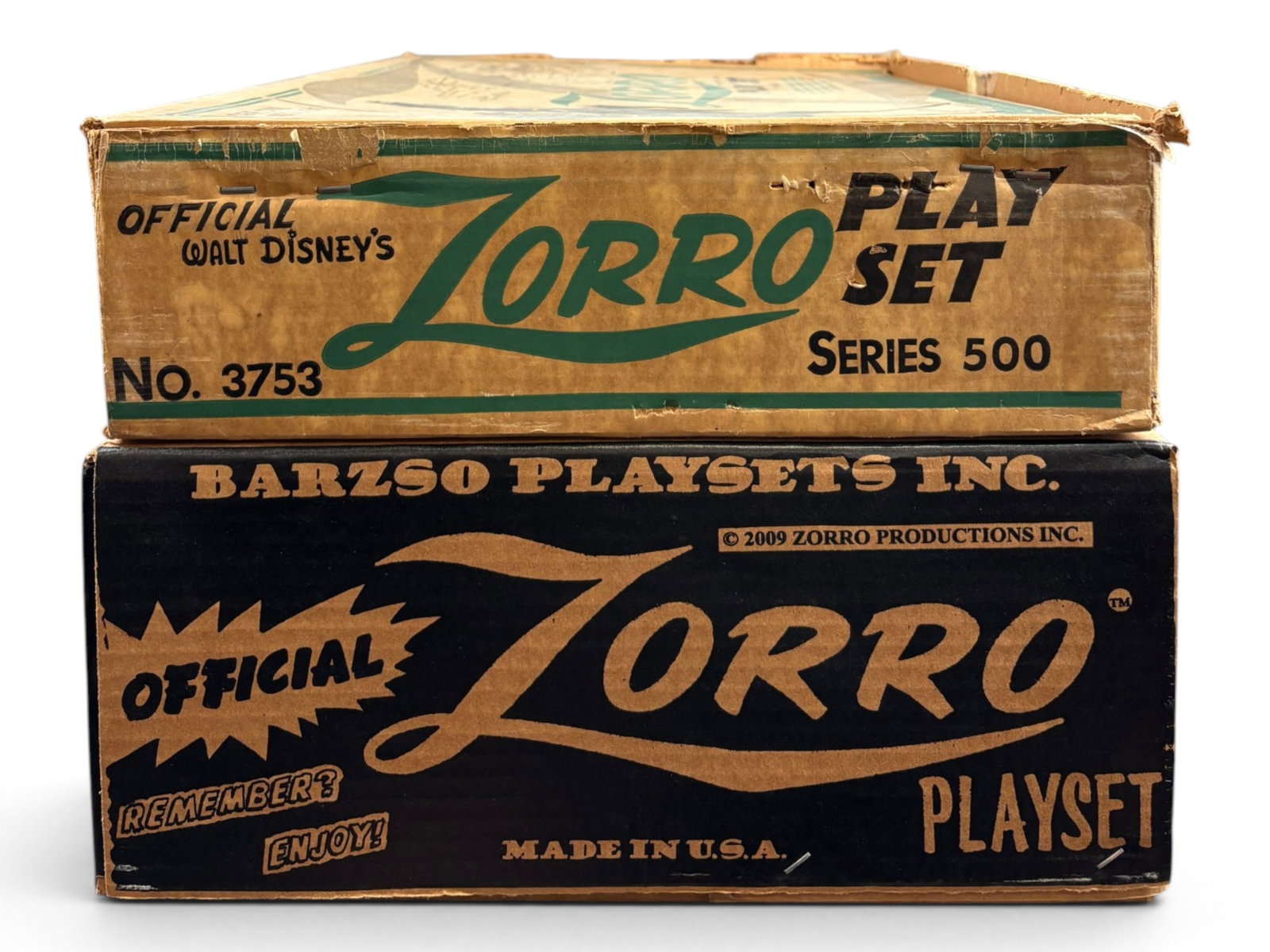 2 Marx Zorro Playsets: Includes a 1958 Vintage 3753 Series 500 set with all figures, and accessories in plastic bags, but has many original paper bags, instructions, even the catalog included. The set box has no insert and