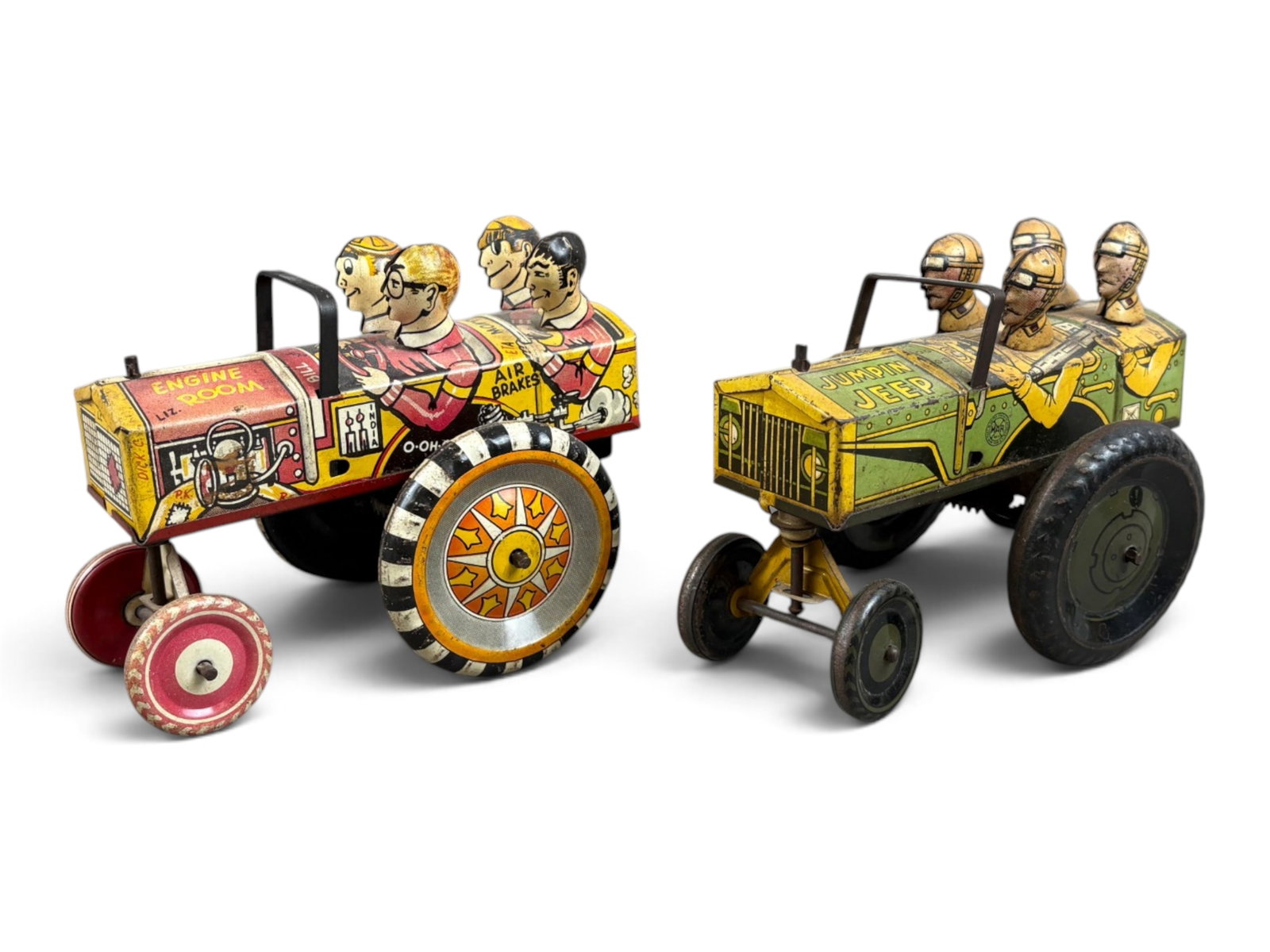 Marx Tin Wind Up Jumpin Jeep & College Crazy Car: Lot of 2. Includes tin litho wind up Jumpin Jeep, and Old Jalopy College Crazy Car, both by Marx. Each was tested and not currently working. Each approx. 6" long. Both show play wear with scuffs and s
