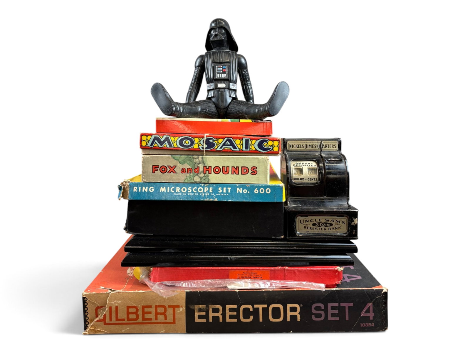 11pc Vintage Toys Lot: Includes a #3 Erector set, mostly mounted in insert; 10345 Gilbert erector set with inserts, not collated; #600 Ring Microscope Set, many parts, not collated; 1936 Transogram Mozaic Game; 1930s Milton