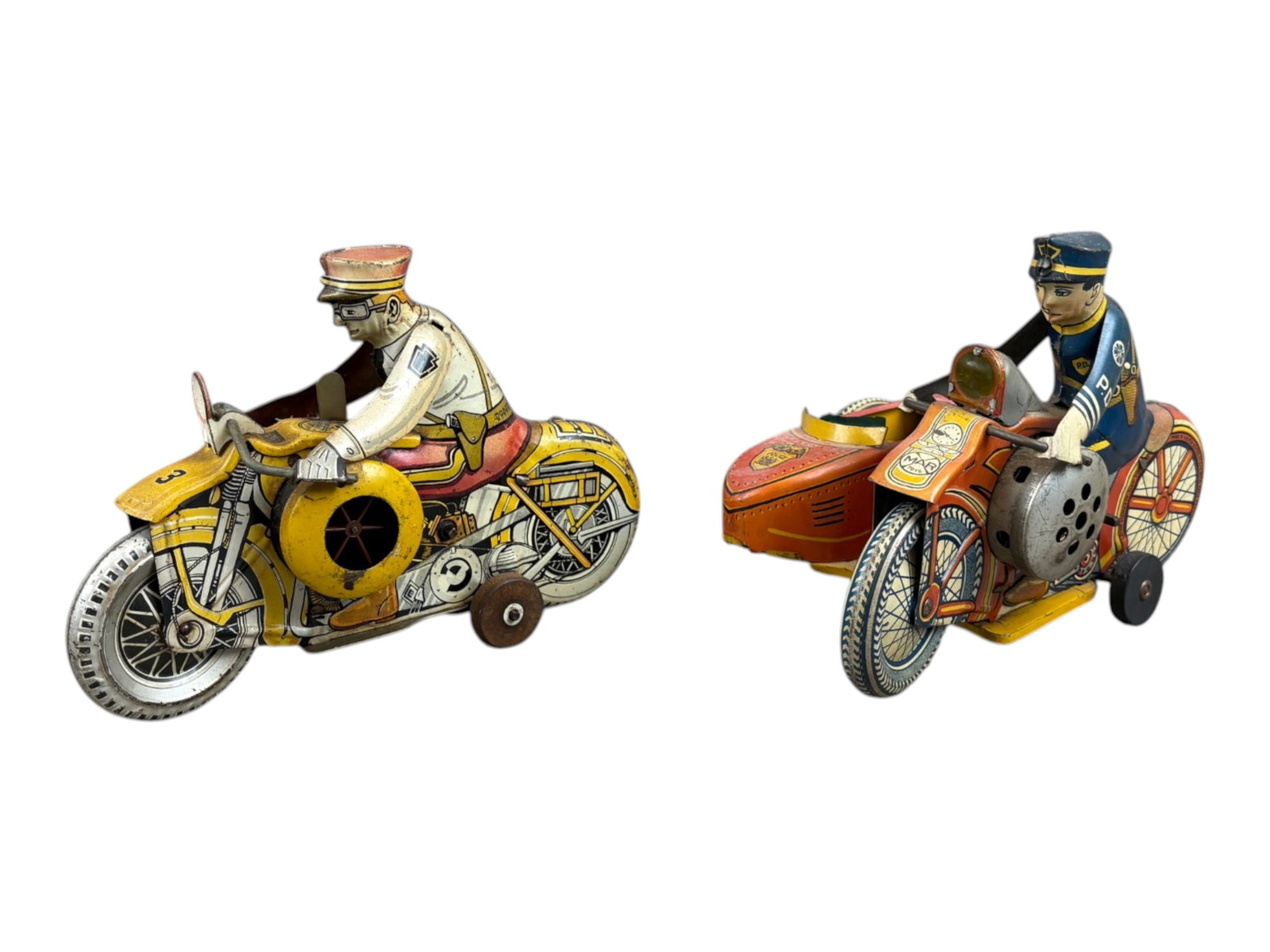 (2) Marx Windup Police Motorcycle Toys: Includes Siren Police Motorcycle, and Police Siren Squad with Sidecar. Windup mechanism on each is not working. Each approx. 8-1/2" long. Both show playwear with scuffs and scratches, paint loss, etc.