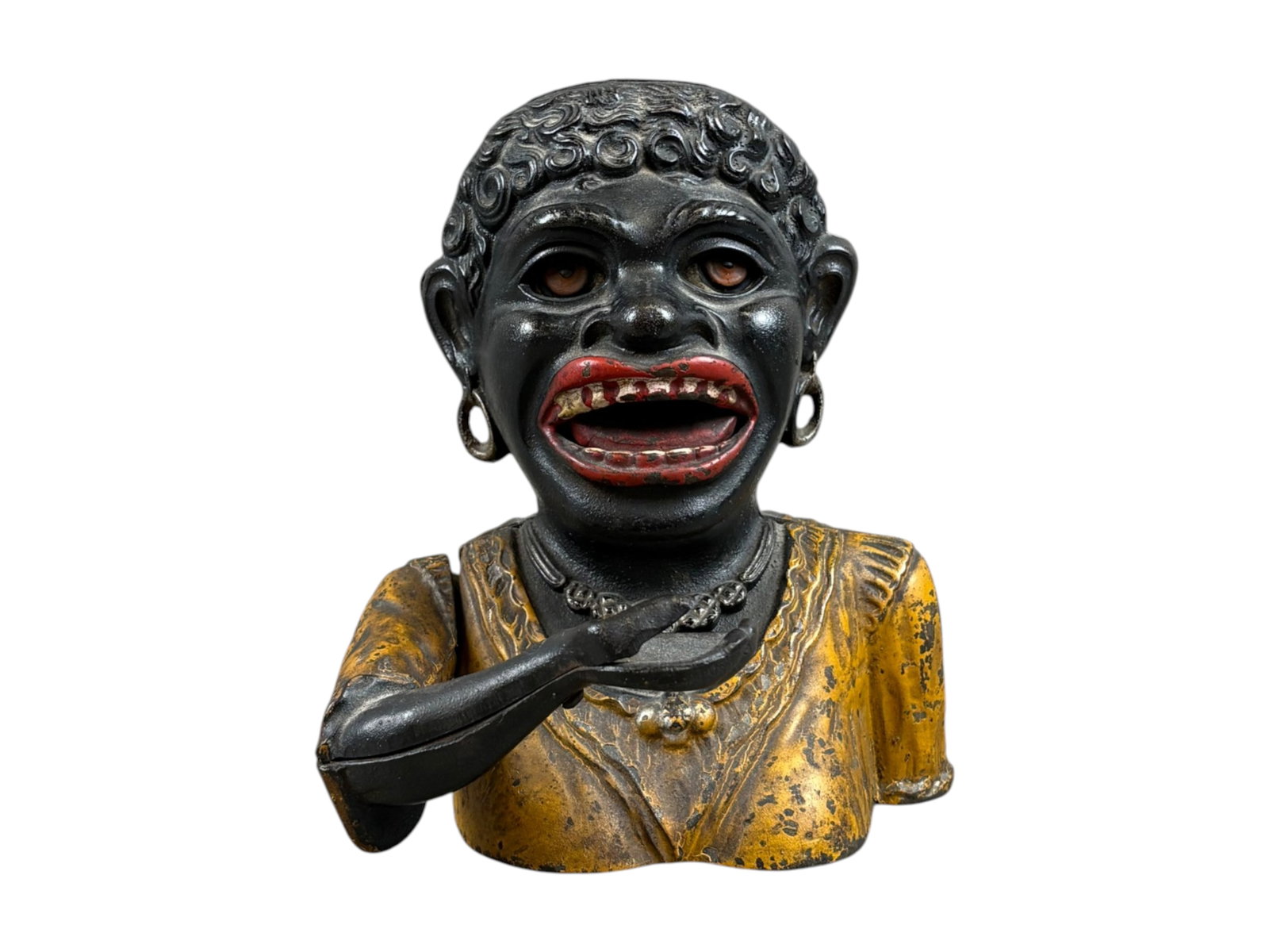 Cast Iron Dinah Mechanical Bank by John Harper: Short sleeve version. Manufactured by John Harper & Co Ltd, England. Verso marked "DINAH" and UK registered design number "Rd No 581285", and underside base plate marked "Made in England". Approx.