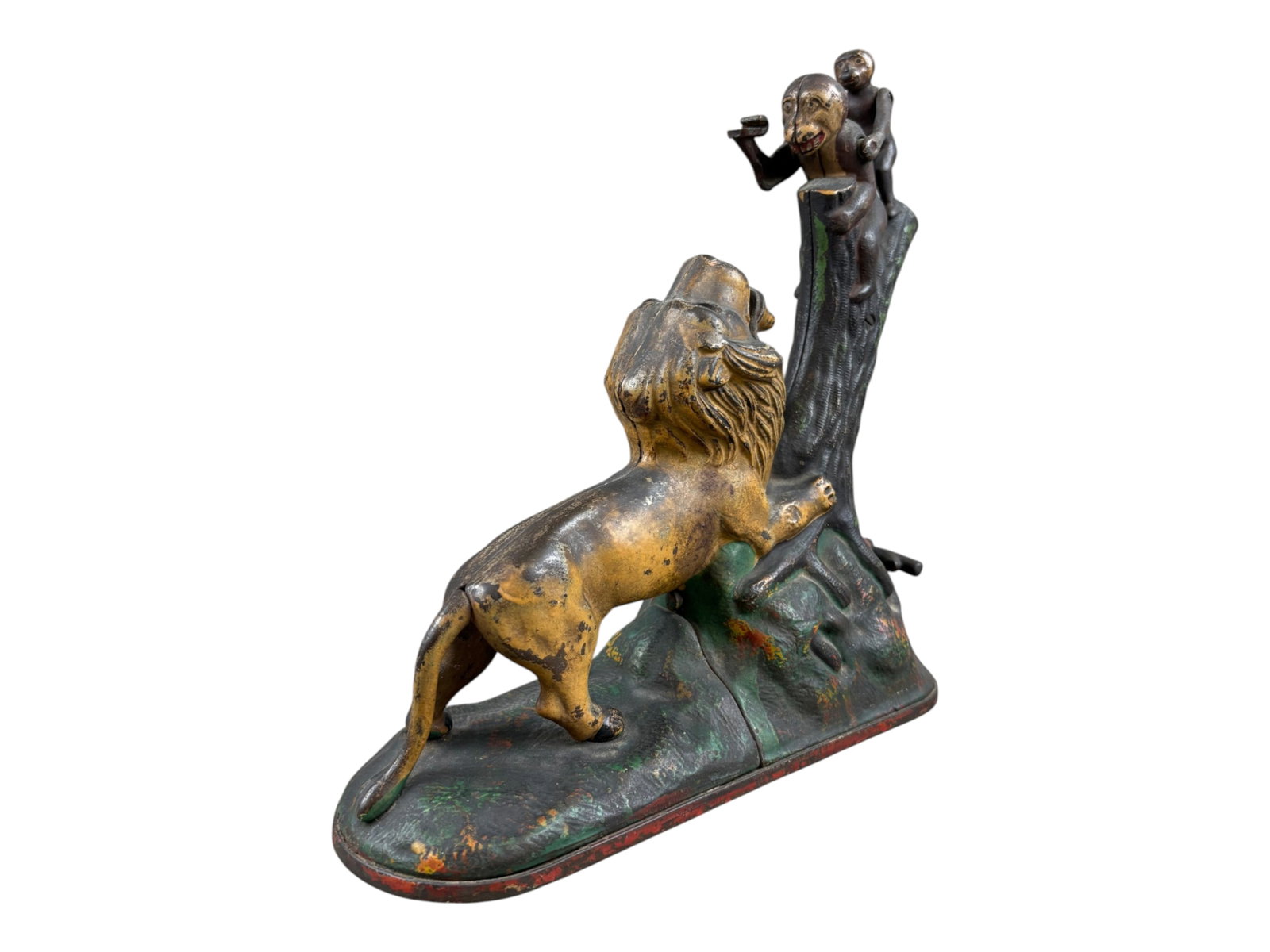 Kyser & Rex Lion & Two Monkey's Mechanical Bank: Circa 1883, Double peanut version. Underside features a fully intact and original perforated cast base plate molded with authentic registration mark "PAT JULY 17 83". Complete with original square iro