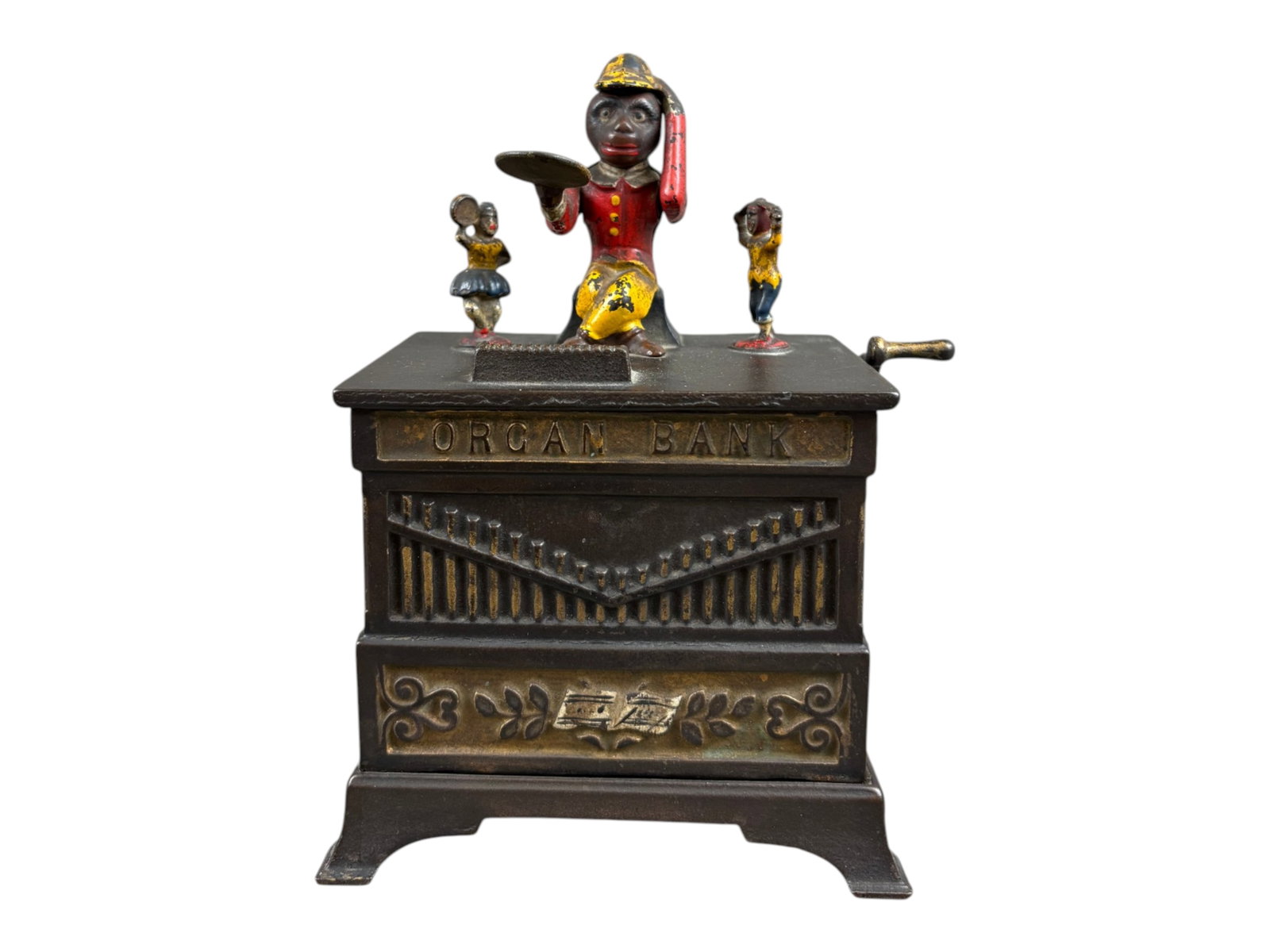 Kyser & Rex Mechanical Organ Bank w/Boy & Girl: 19th-century American cast-iron mechanical bank by Kyser & Rex, Frankford, Pennsylvania. Verso features patent text "PAT JUNE 13 1882", and underside of base has production number "611". Missing the r