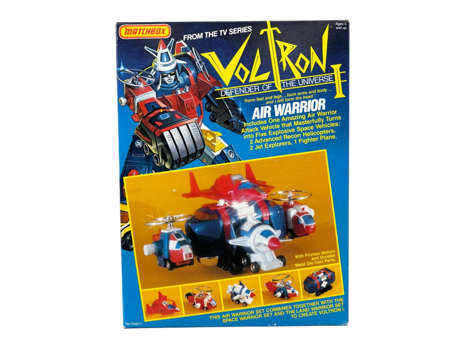 MISB, Matchbox Voltron I Air Warrior Robot Set: Matchbox, 1984. Vintage, sealed in original box, Voltron I Defender of the Universe "Air Warrior" Robot set. Box shows light edge and corner wear, and light surface wear. Bottom closure flap is sun