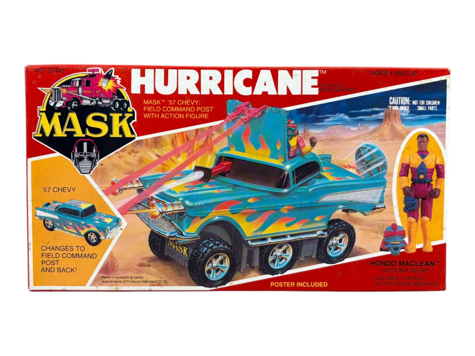 MISB, Kenner MASK Hurricane & Hondo Maclean Figure: Kenner, 1986. Mint in Sealed Box, MASK Hurricane '57 Chevy toy vehicle with Hondo Maclean action figure. Box is still factory taped on both ends, and original price sticker affixed on the right side. 